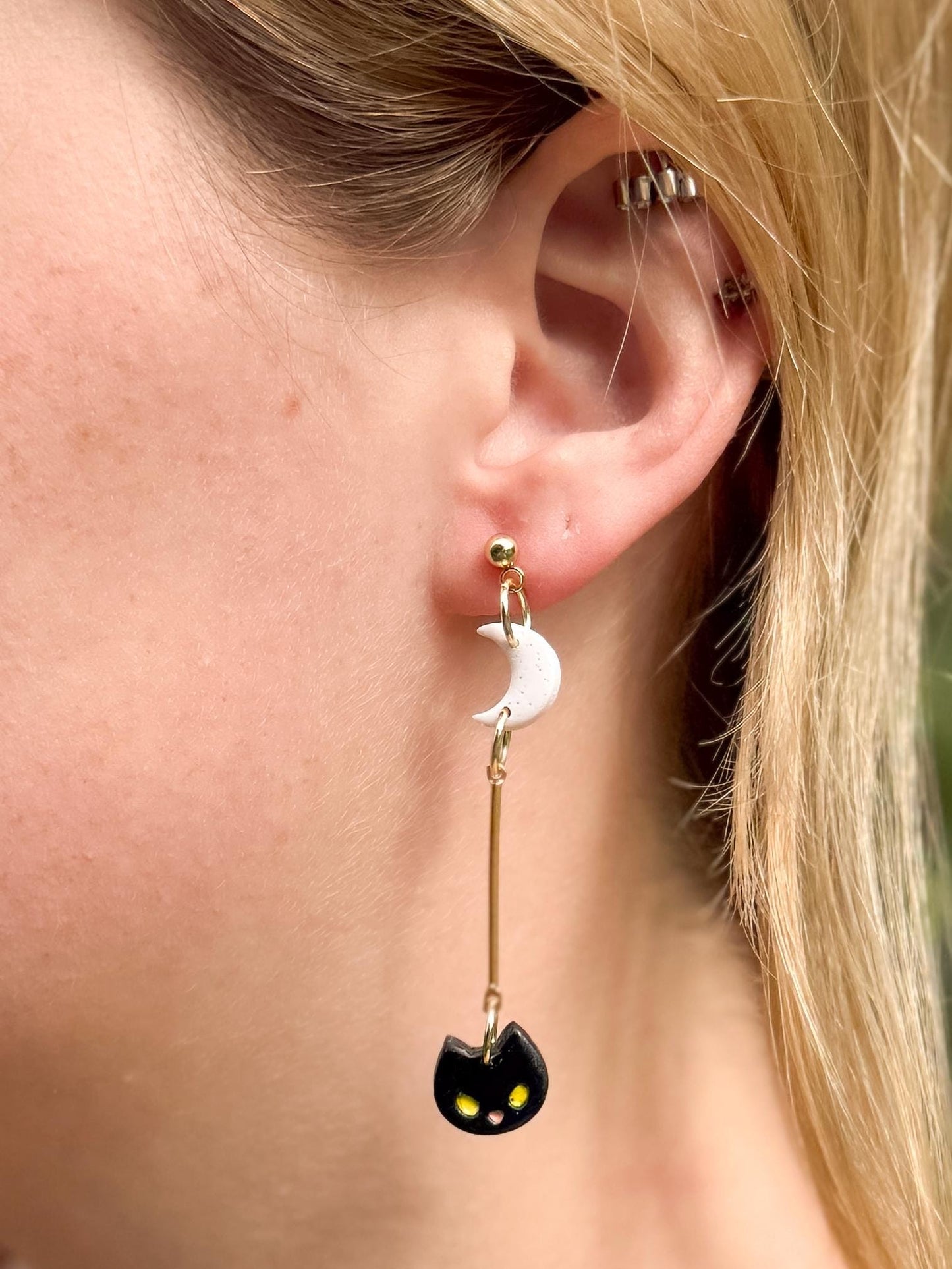 Black Cat Dangle Earrings: Polymer Clay Moon, Gold Bar - Halloween Jewelry