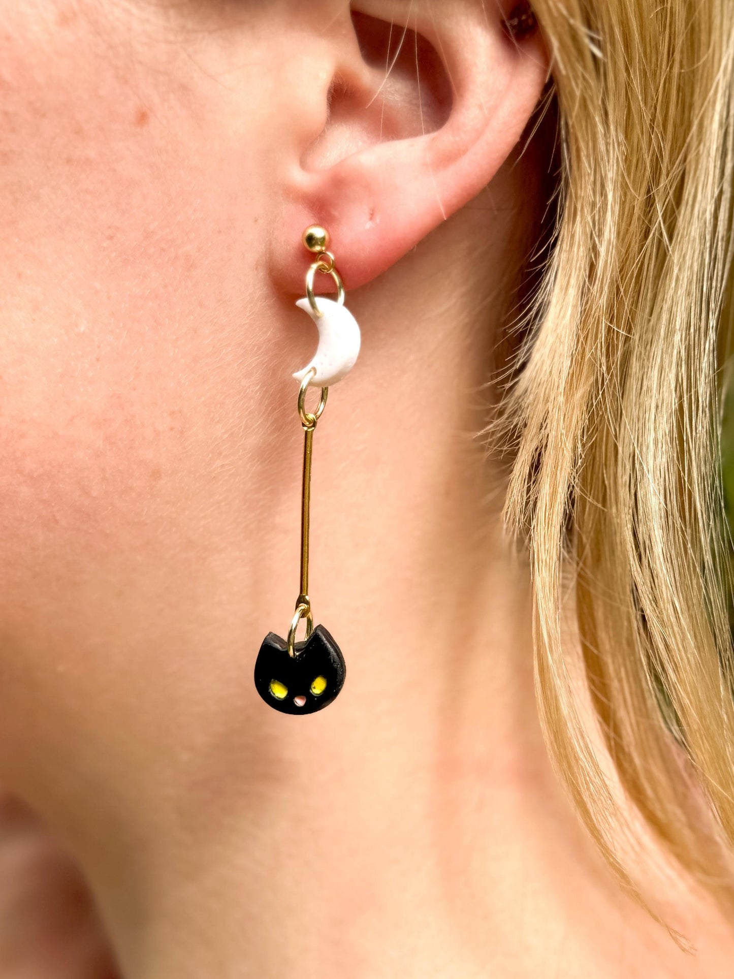 Black Cat Dangle Earrings: Polymer Clay Moon, Gold Bar - Halloween Jewelry