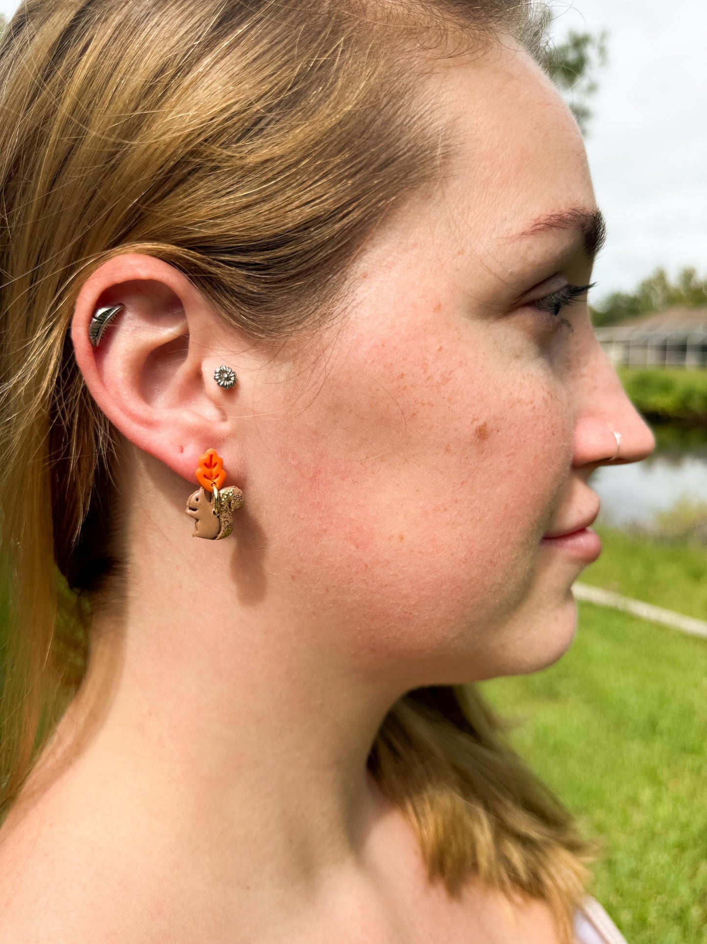 Woodland Squirrel Earrings: Glitter Tail, Leaf Studs, Polymer Clay