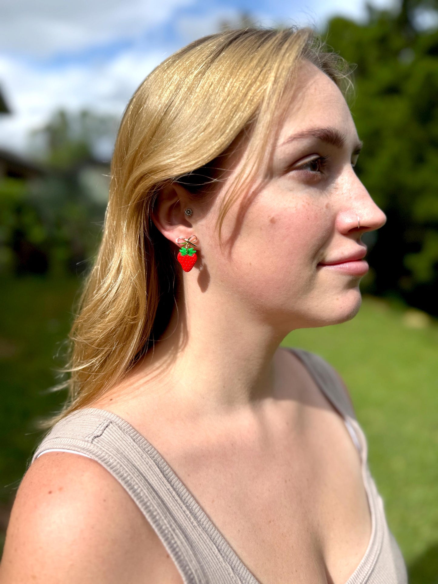 Strawberry Earrings: Handmade Polymer Clay Berry Dangles with Gold Bows