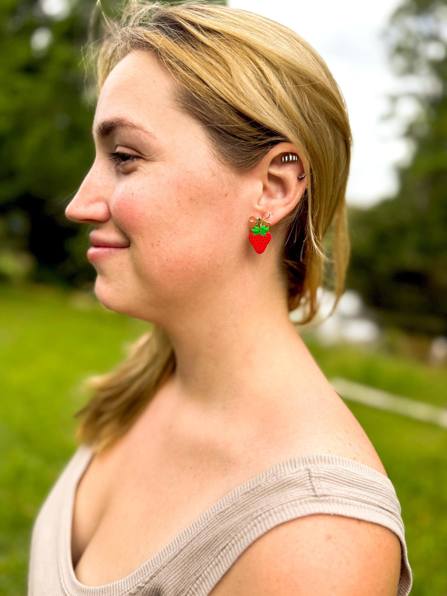 Strawberry Earrings: Handmade Polymer Clay Berry Dangles with Gold Bows