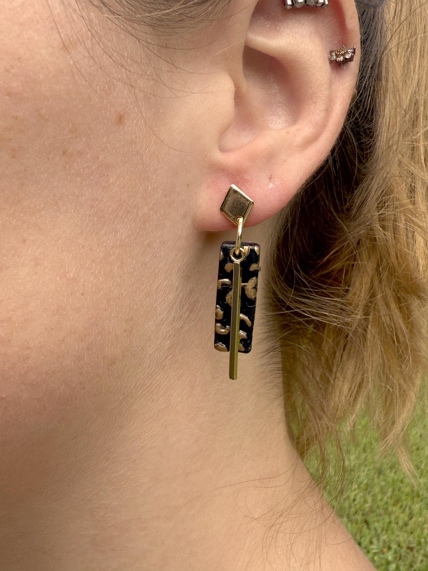 Leopard Print Polymer Clay Dangle Earrings: Gold Bar Cheetah Jewelry