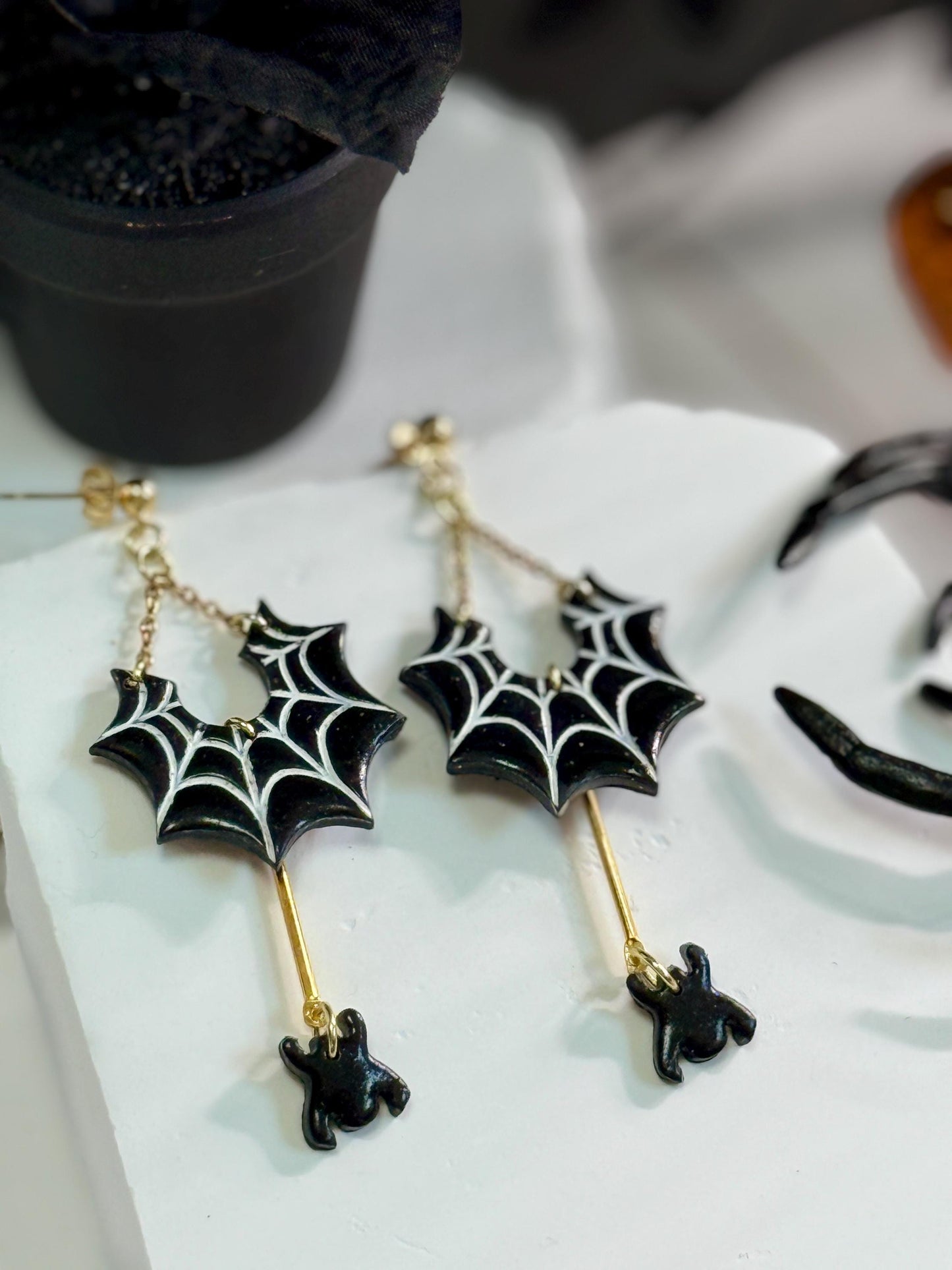 Spiderweb Ghost Dangle Earrings: Black & Gold Polymer Clay, Gold-Plated
