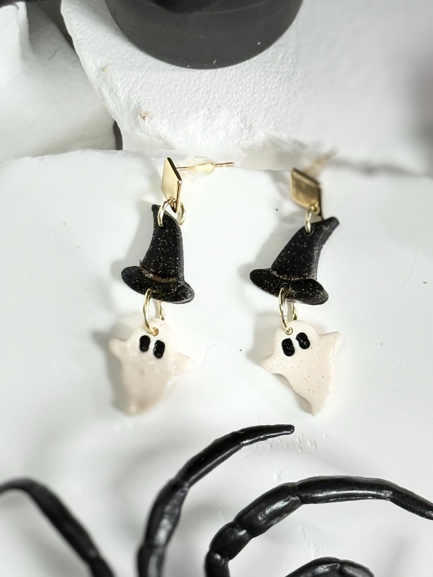 Ghost Witch Hat Earrings: Handmade Polymer Clay Halloween Dangles