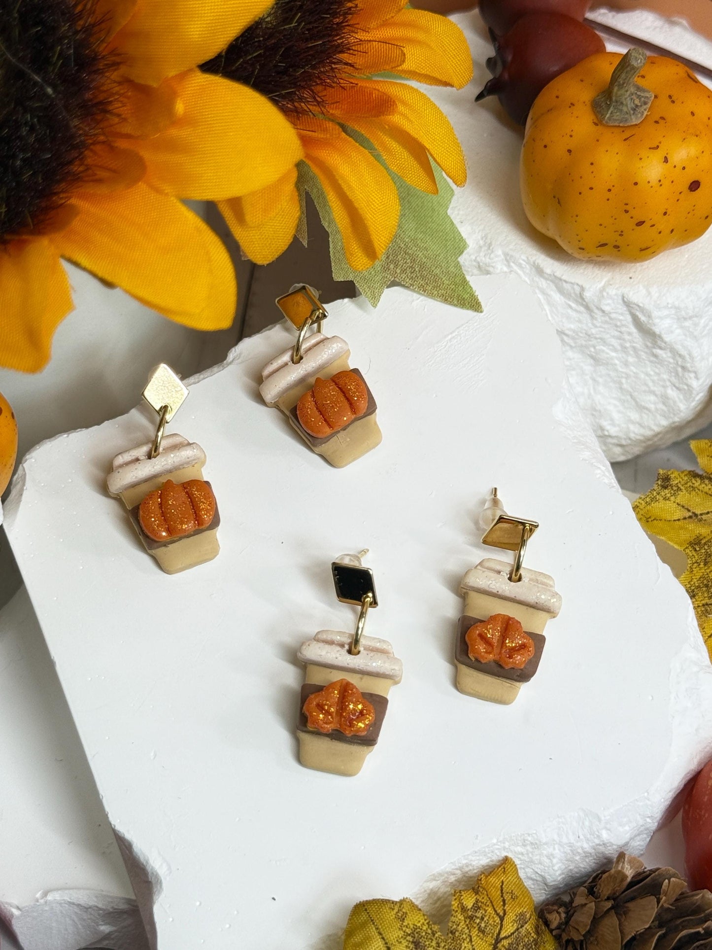 Pumpkin Spice Latte Earrings – Polymer Clay Coffee Dangles, Fall Glitter, Mismatched