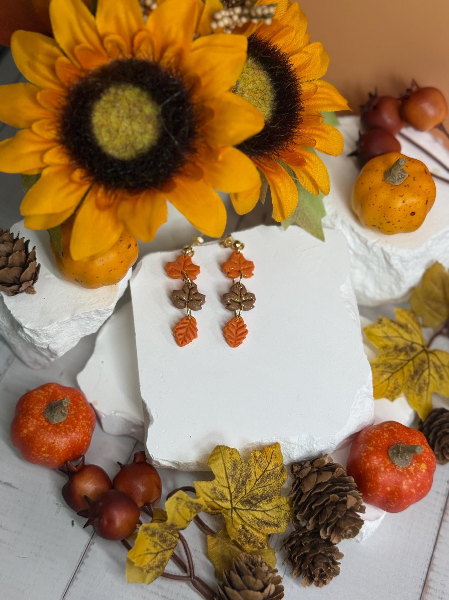 Polymer Clay Fall Leaf Earrings: Glittering Maple & Oak, Gold Posts