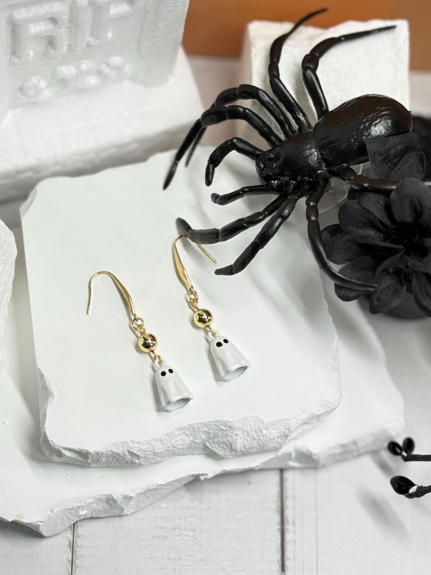 Ghost Dangle Earrings with Gold Accents | Spooky-Cute Halloween Jewelry