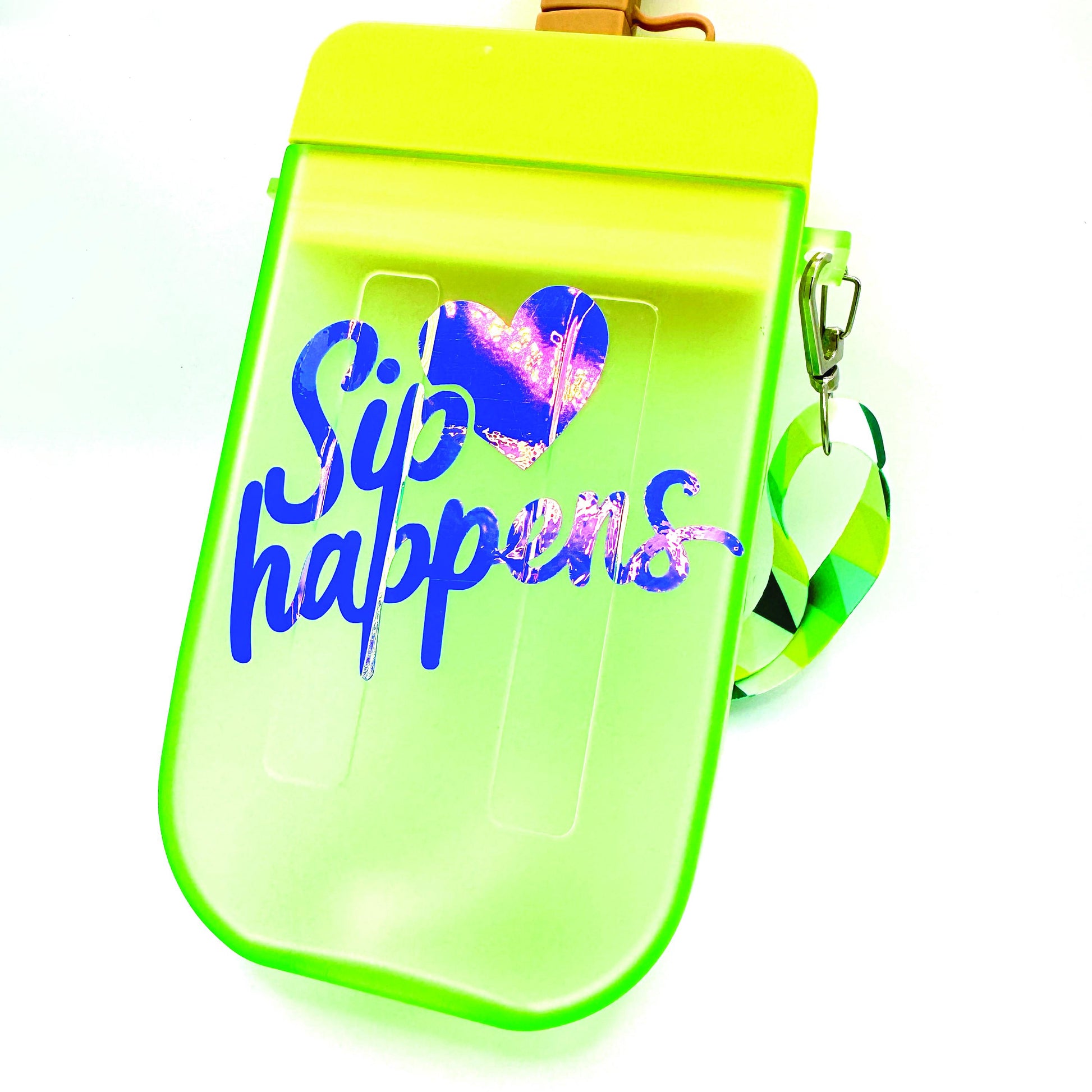 Funny 'Sip Happens' Holographic Water Bottle: Green & Yellow with Carry Strap