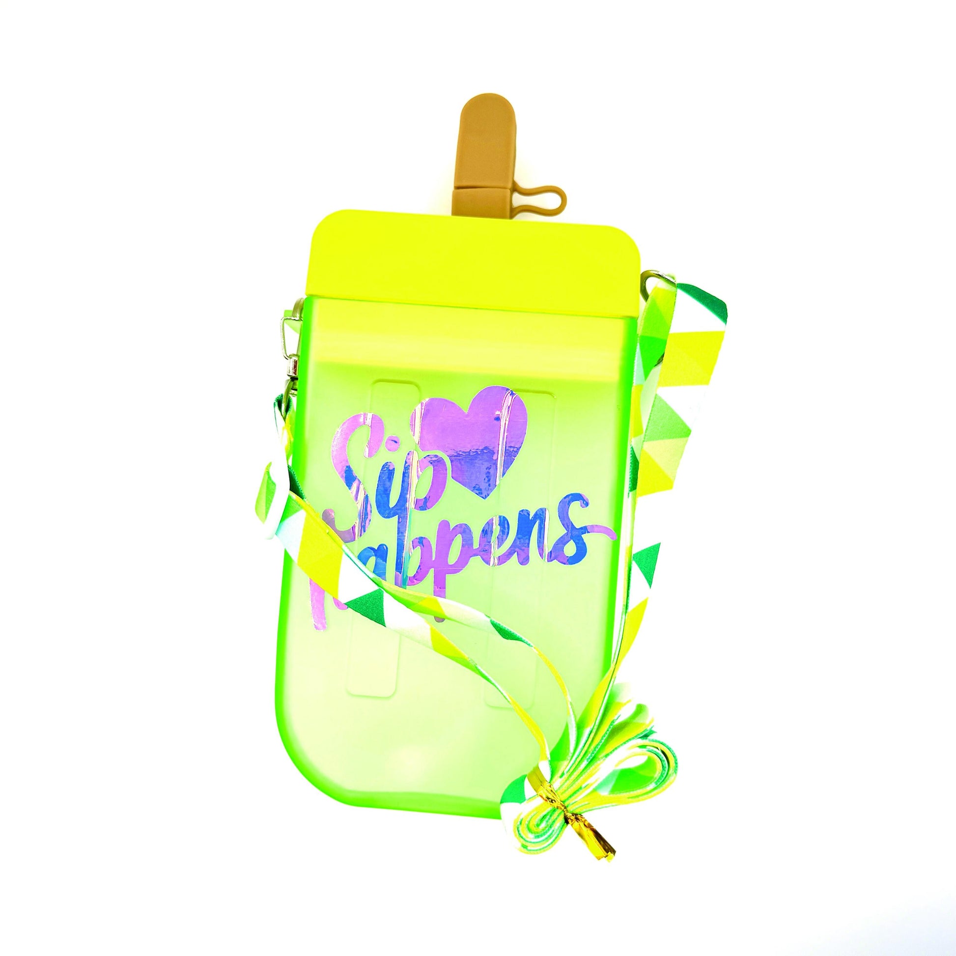 Funny 'Sip Happens' Holographic Water Bottle: Green & Yellow with Carry Strap