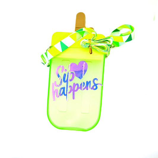 Funny 'Sip Happens' Holographic Water Bottle: Green & Yellow with Carry Strap