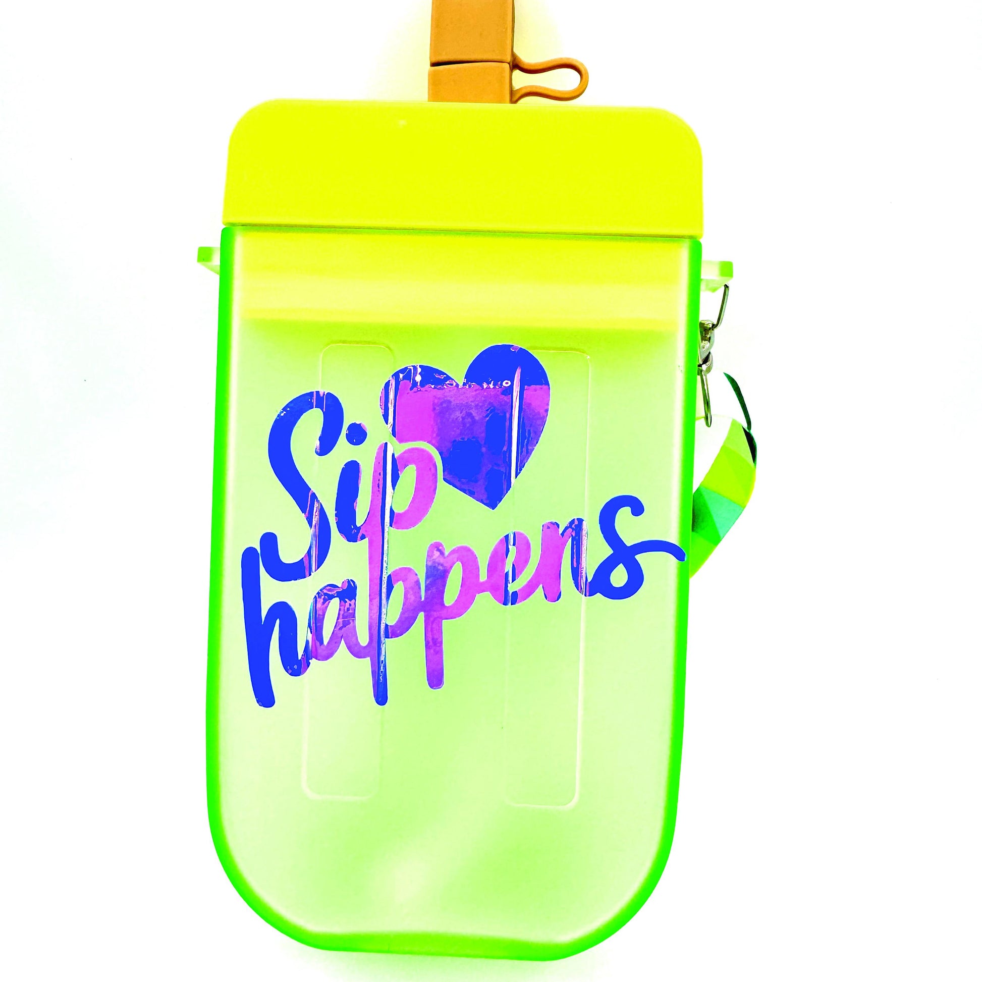 Funny 'Sip Happens' Holographic Water Bottle: Green & Yellow with Carry Strap