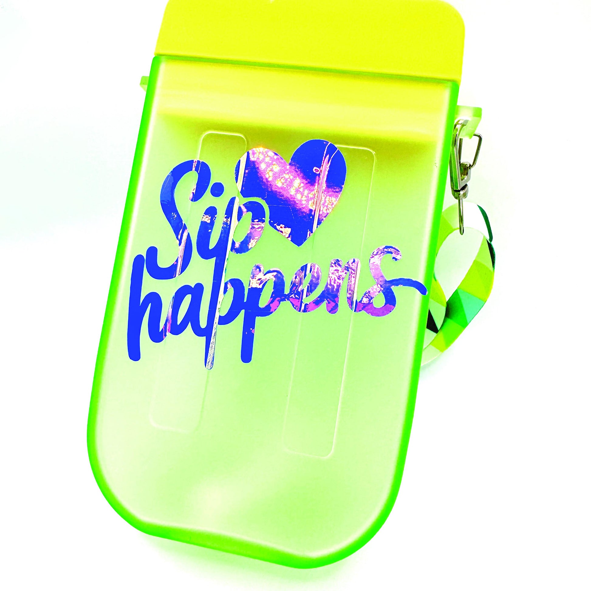 Funny 'Sip Happens' Holographic Water Bottle: Green & Yellow with Carry Strap