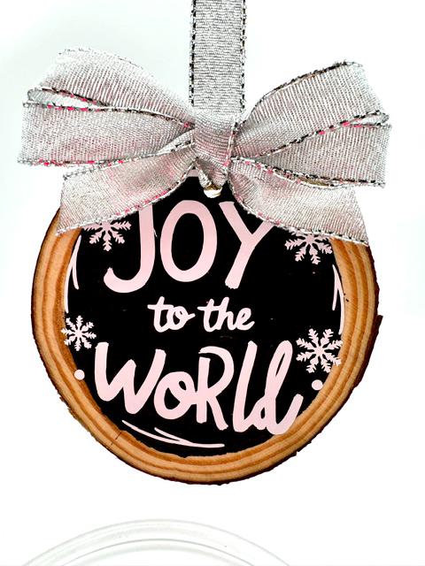 Rustic Wood Slice Christmas Ornament: 'Joy to the World' with Bow