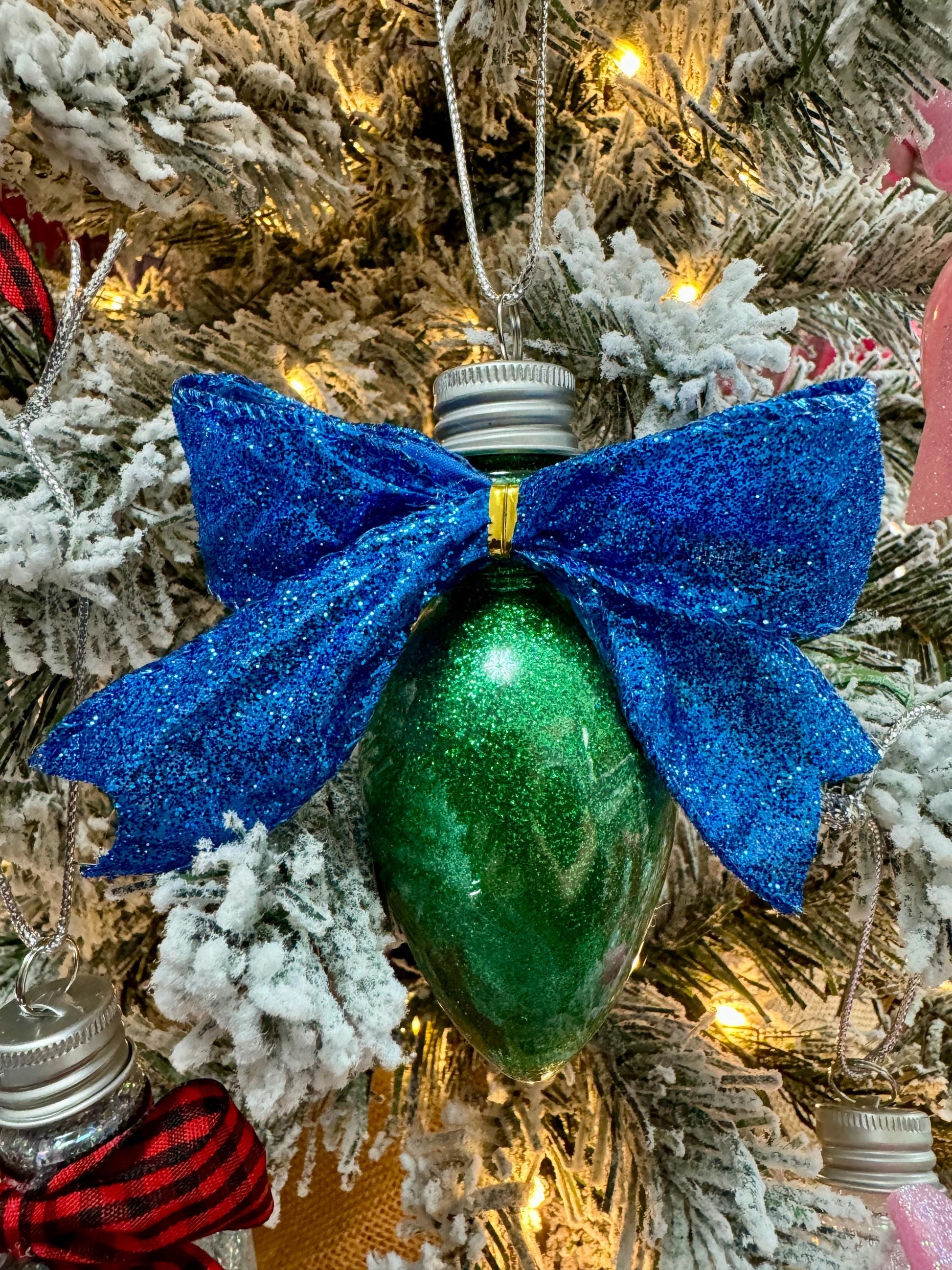 Personalized Glitter Christmas Light Bulb Ornament: Custom Monogram, Red Ribbon