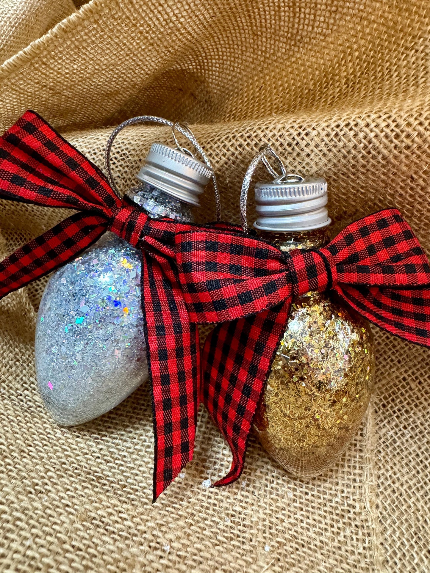 Personalized Glitter Christmas Light Bulb Ornament: Custom Monogram, Red Ribbon