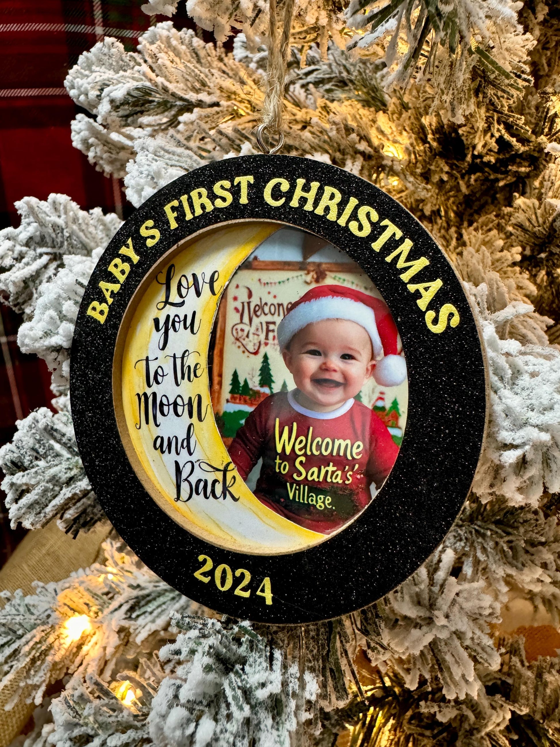 Handcrafted Baby’s First Christmas Ornament – Photo Frame with Glitter Black Frame & Moon Graphic