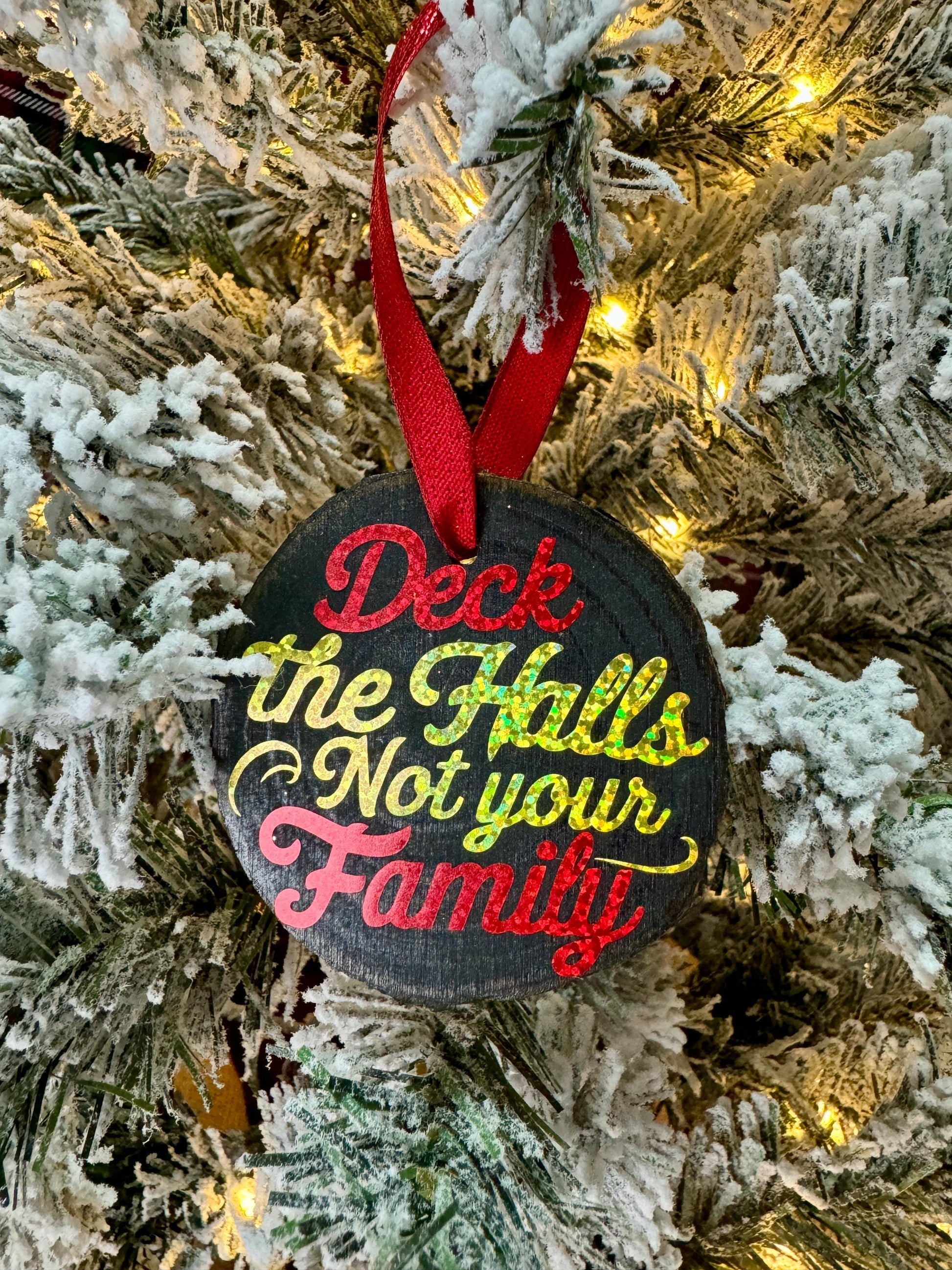 Funny Wood Slice Christmas Ornaments – Customizable Quotes & Sparkly Vinyl Design