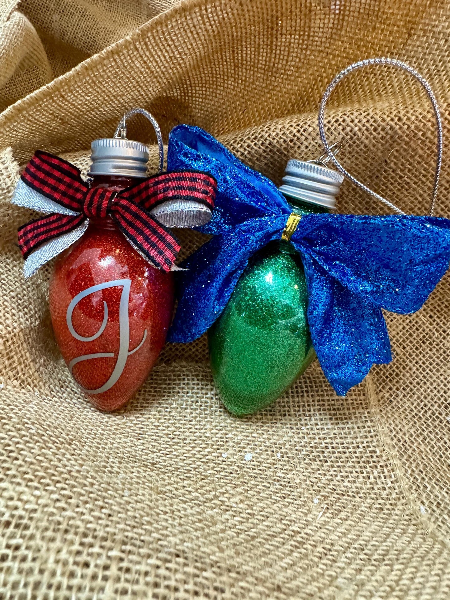 Personalized Glitter Christmas Light Bulb Ornament: Custom Monogram, Red Ribbon
