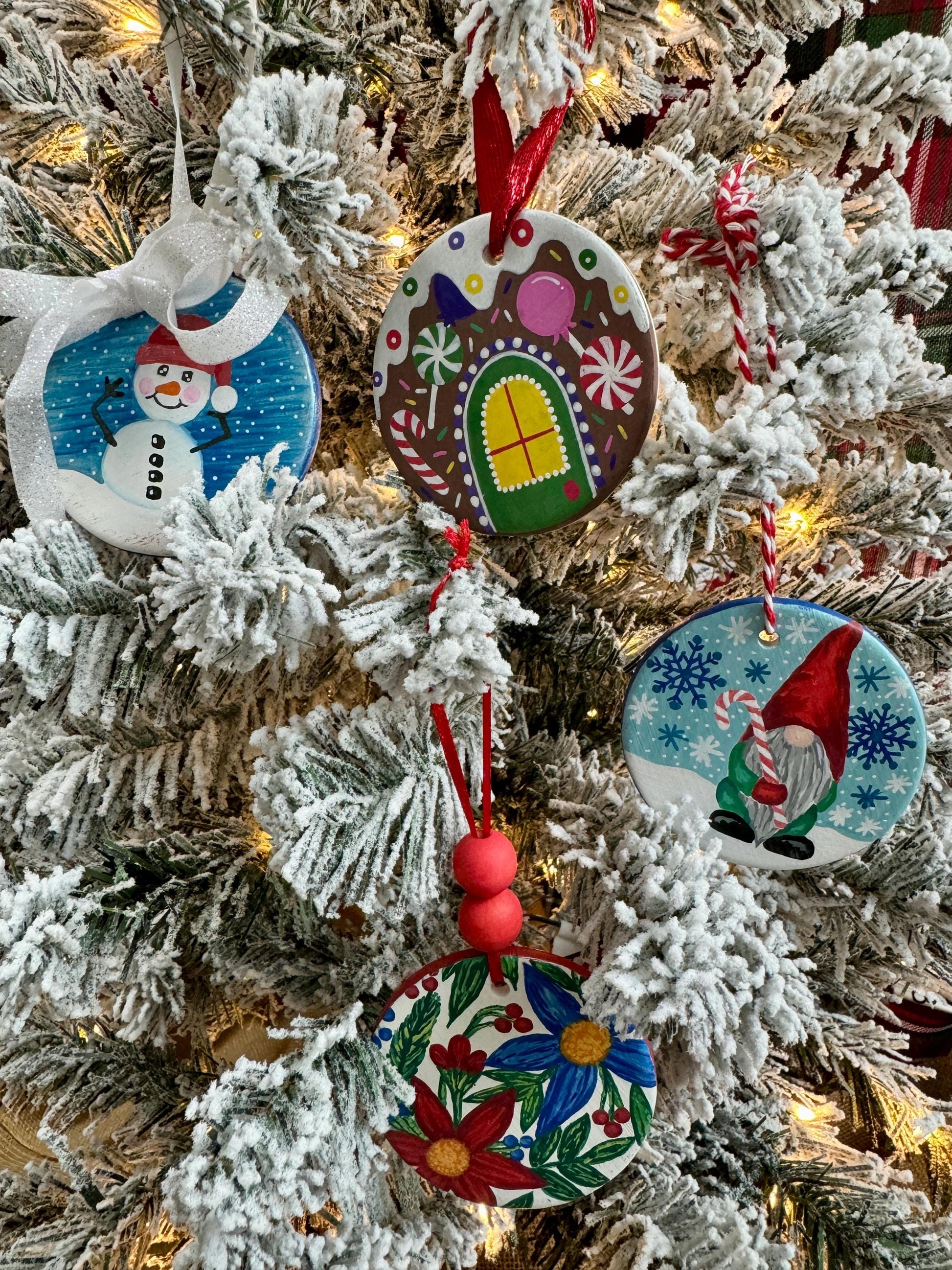 Hand Painted Ornament, Ceramic Ornament | Christmas Tree Decor – Gnome, Snowman, Gingerbread & Floral Designs