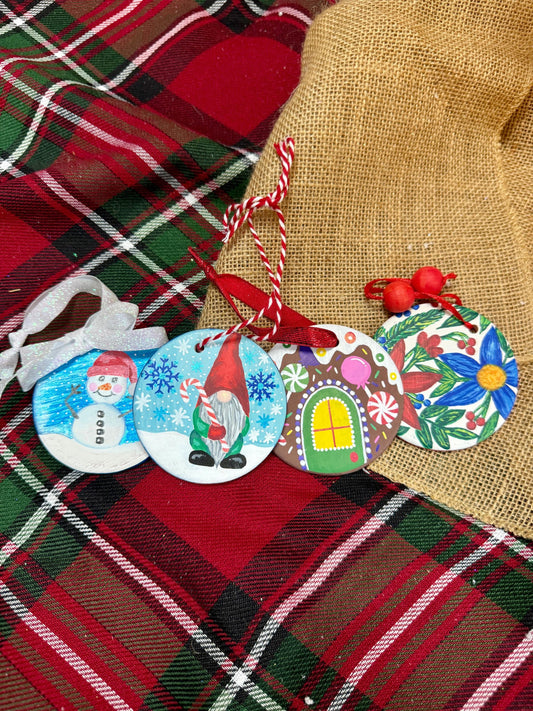 Hand Painted Ornament, Ceramic Ornament | Christmas Tree Decor – Gnome, Snowman, Gingerbread & Floral Designs
