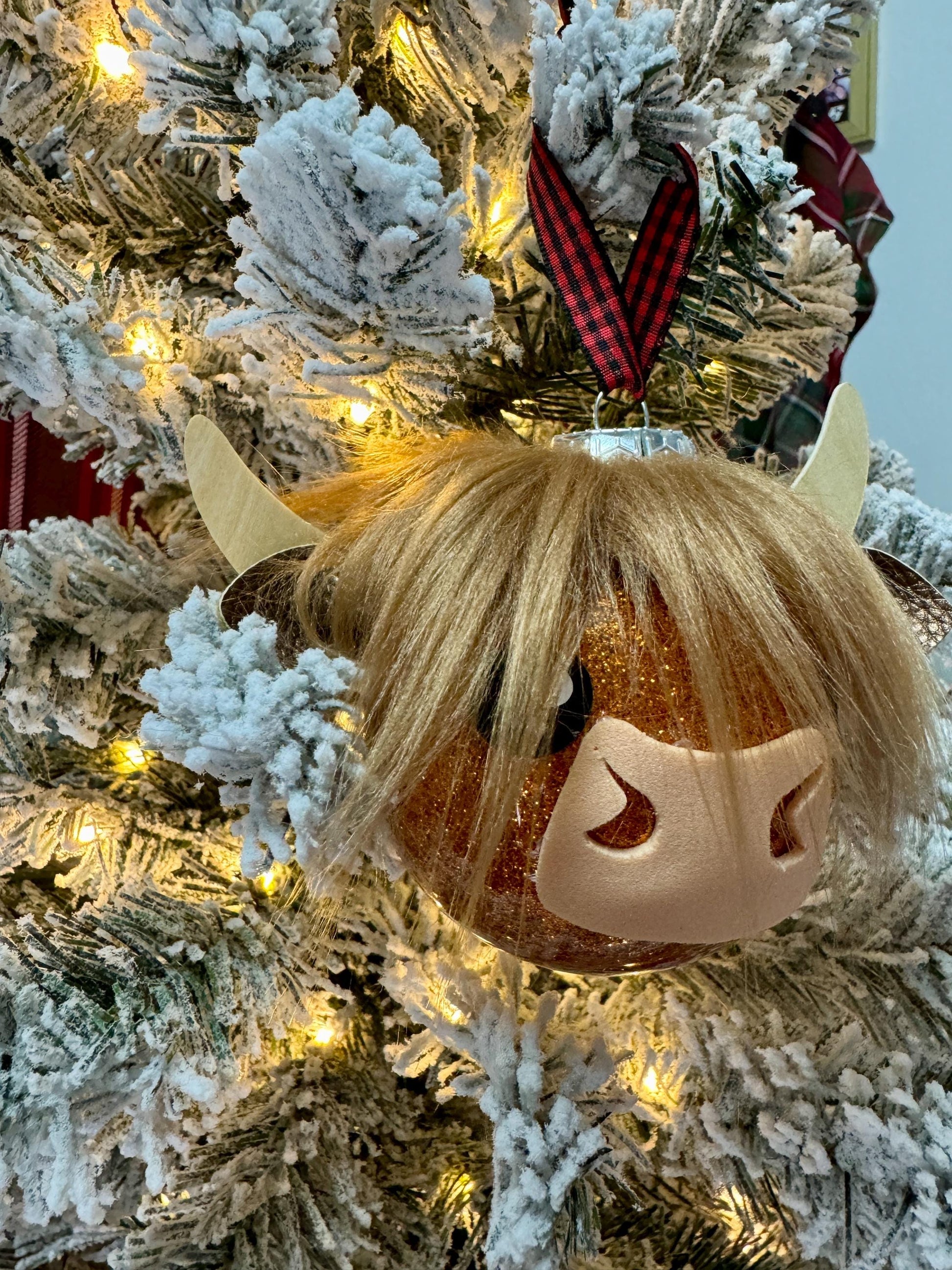 Highland Cow Ornament: Copper Glitter Bulb with Faux Fur