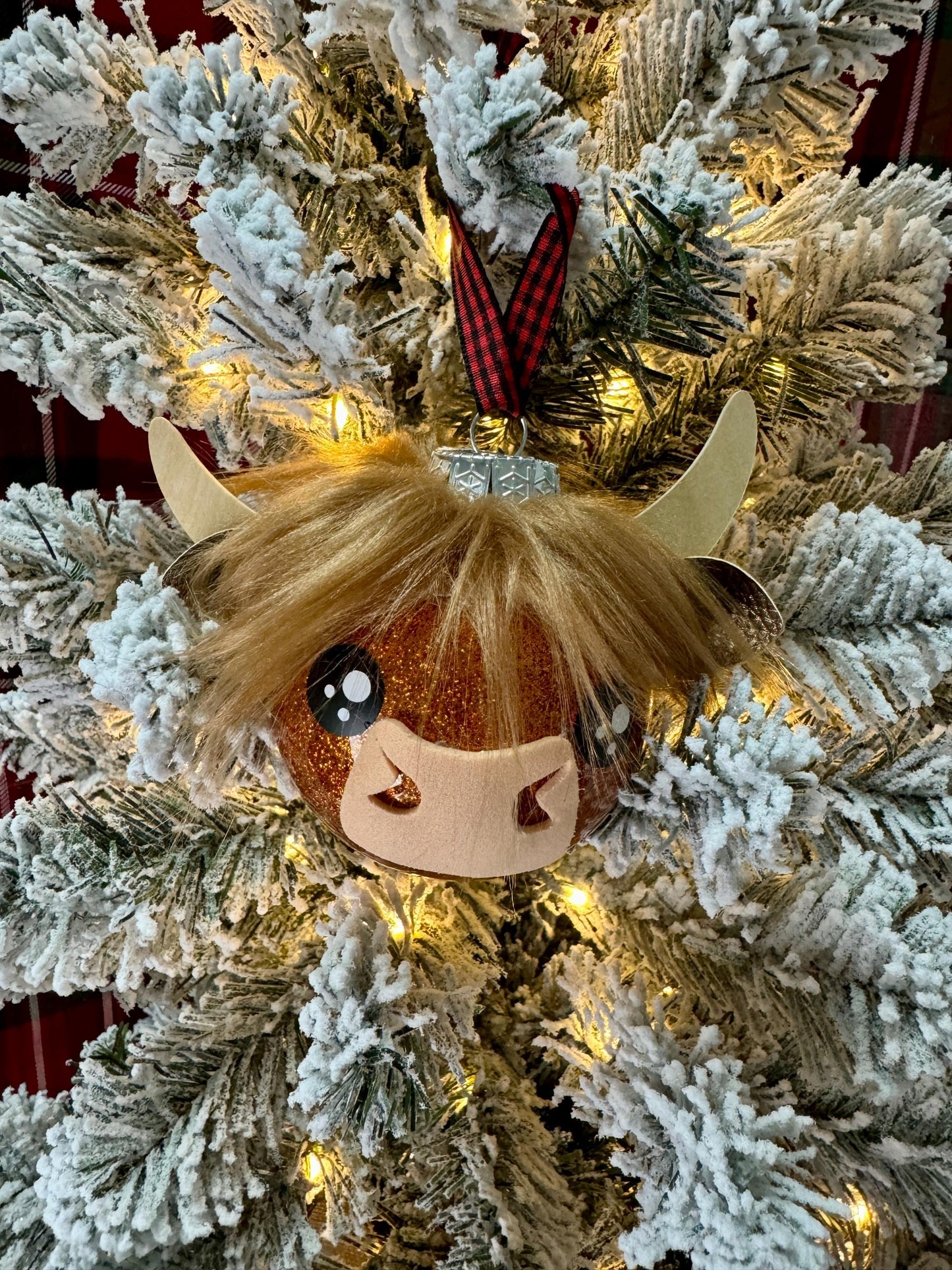 Highland Cow Ornament: Copper Glitter Bulb with Faux Fur