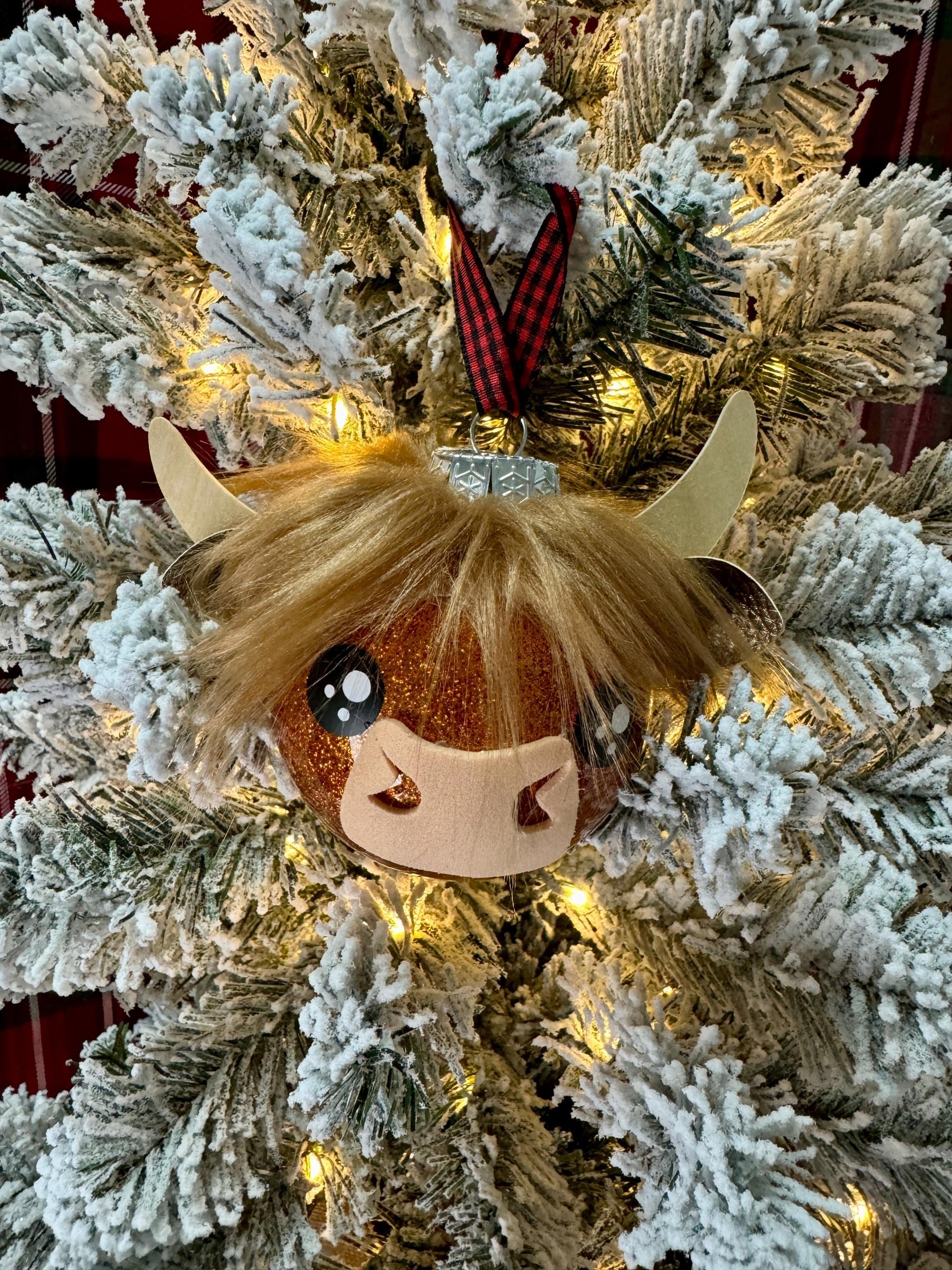 Highland Cow Ornament: Copper Glitter Bulb with Faux Fur