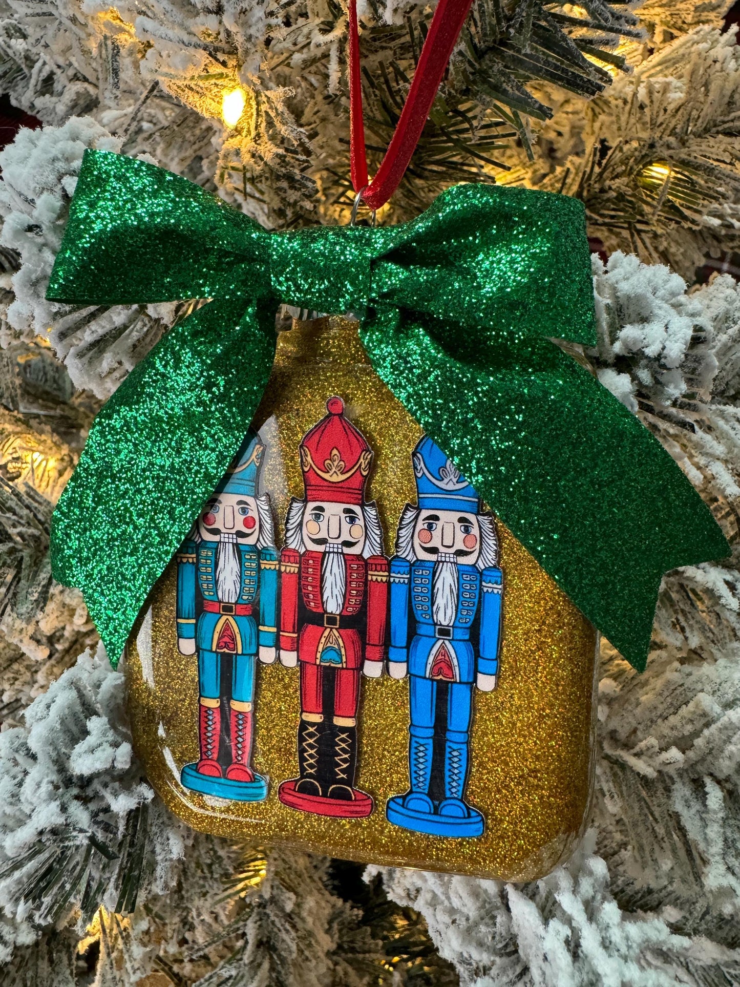 Glitter Nutcracker Christmas Ornament: Square Shatterproof Decor with Bow