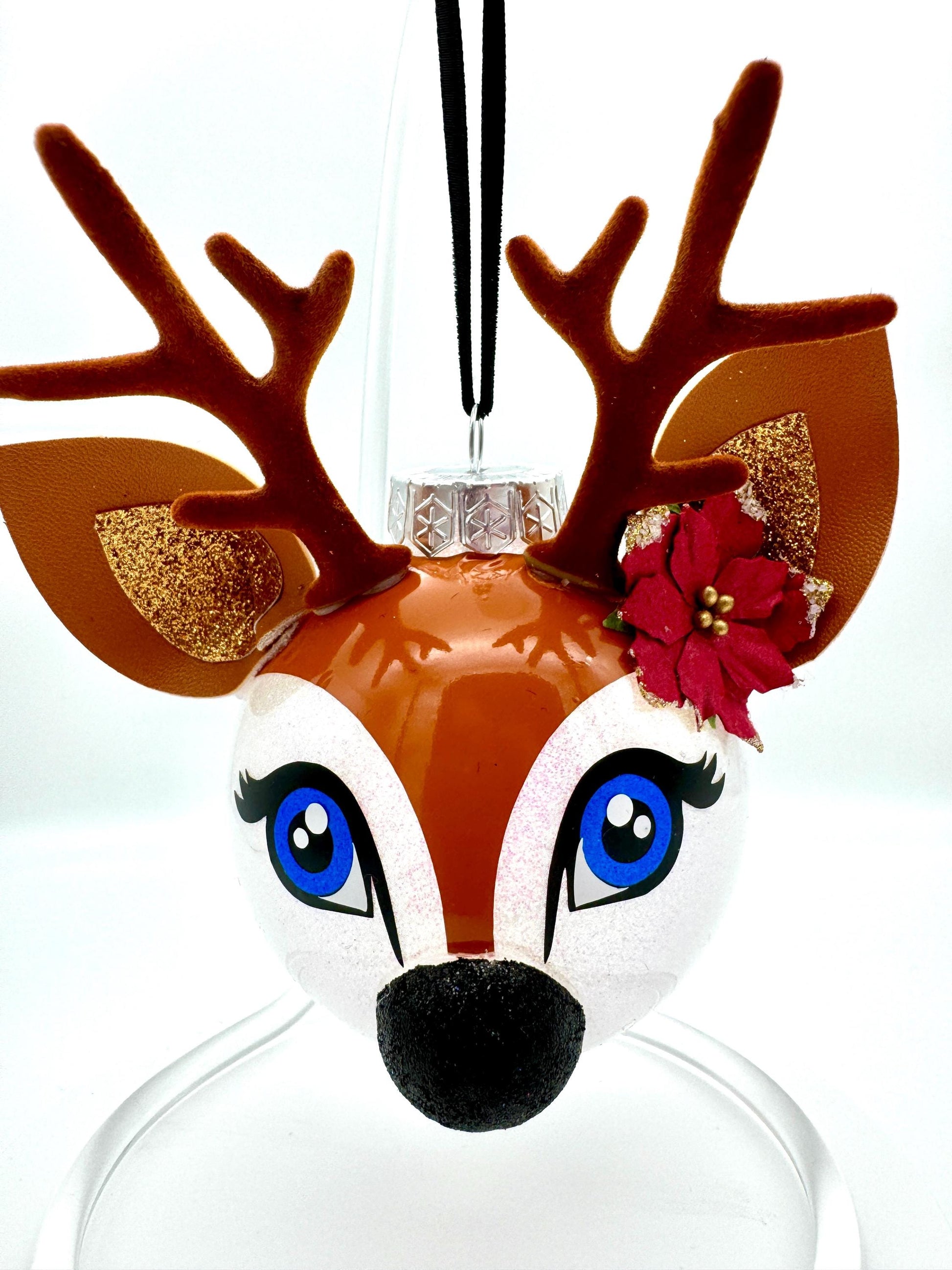 Kawaii Reindeer Christmas Ornament: Glitter Shatterproof Ornament with Felt Details