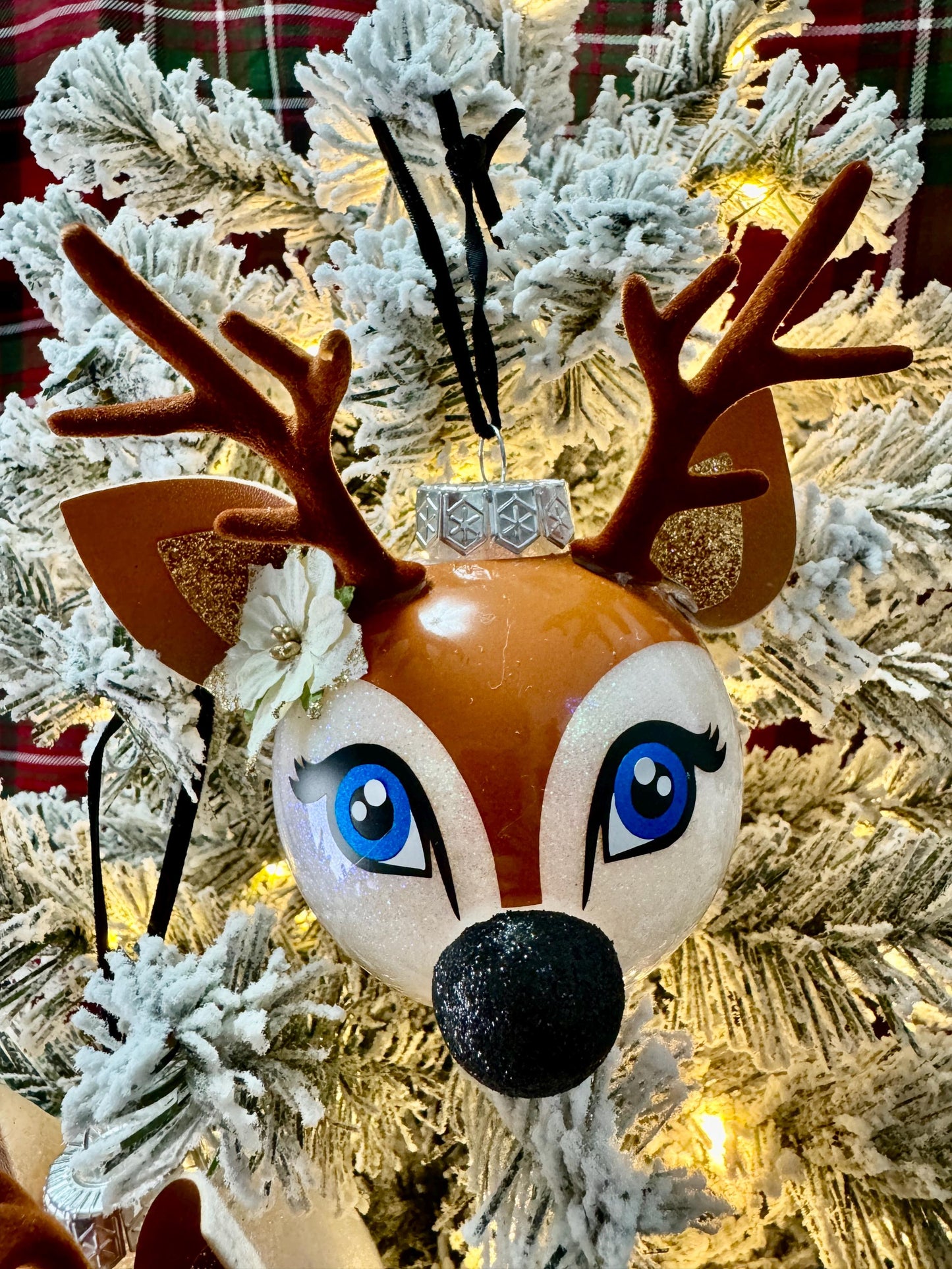 Kawaii Reindeer Christmas Ornament: Glitter Shatterproof Ornament with Felt Details