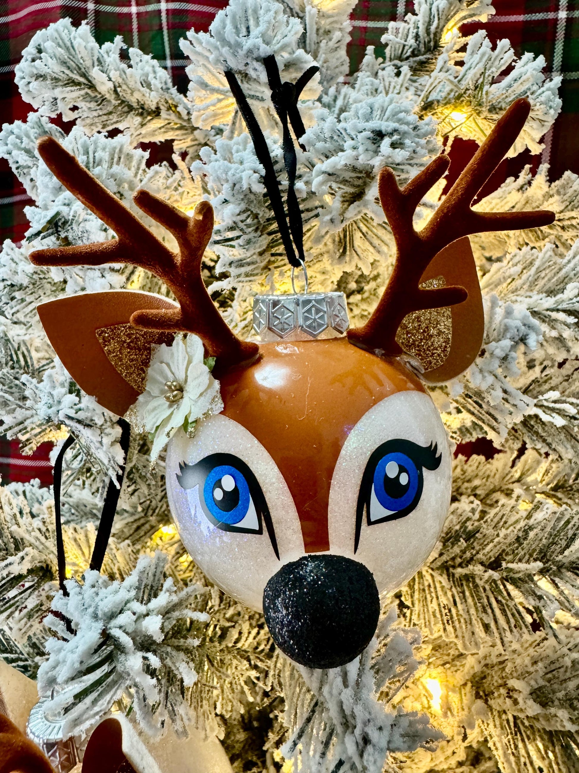 Kawaii Reindeer Christmas Ornament: Glitter Shatterproof Ornament with Felt Details