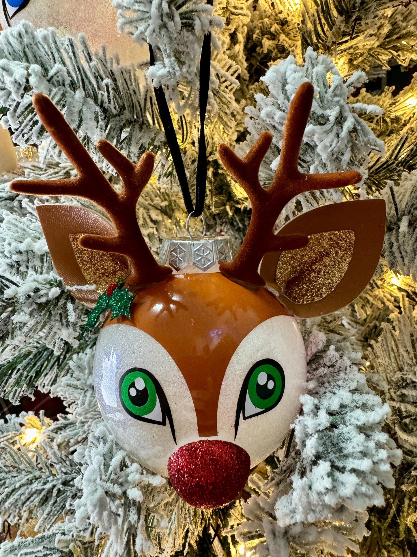 Kawaii Reindeer Christmas Ornament: Glitter Shatterproof Ornament with Felt Details