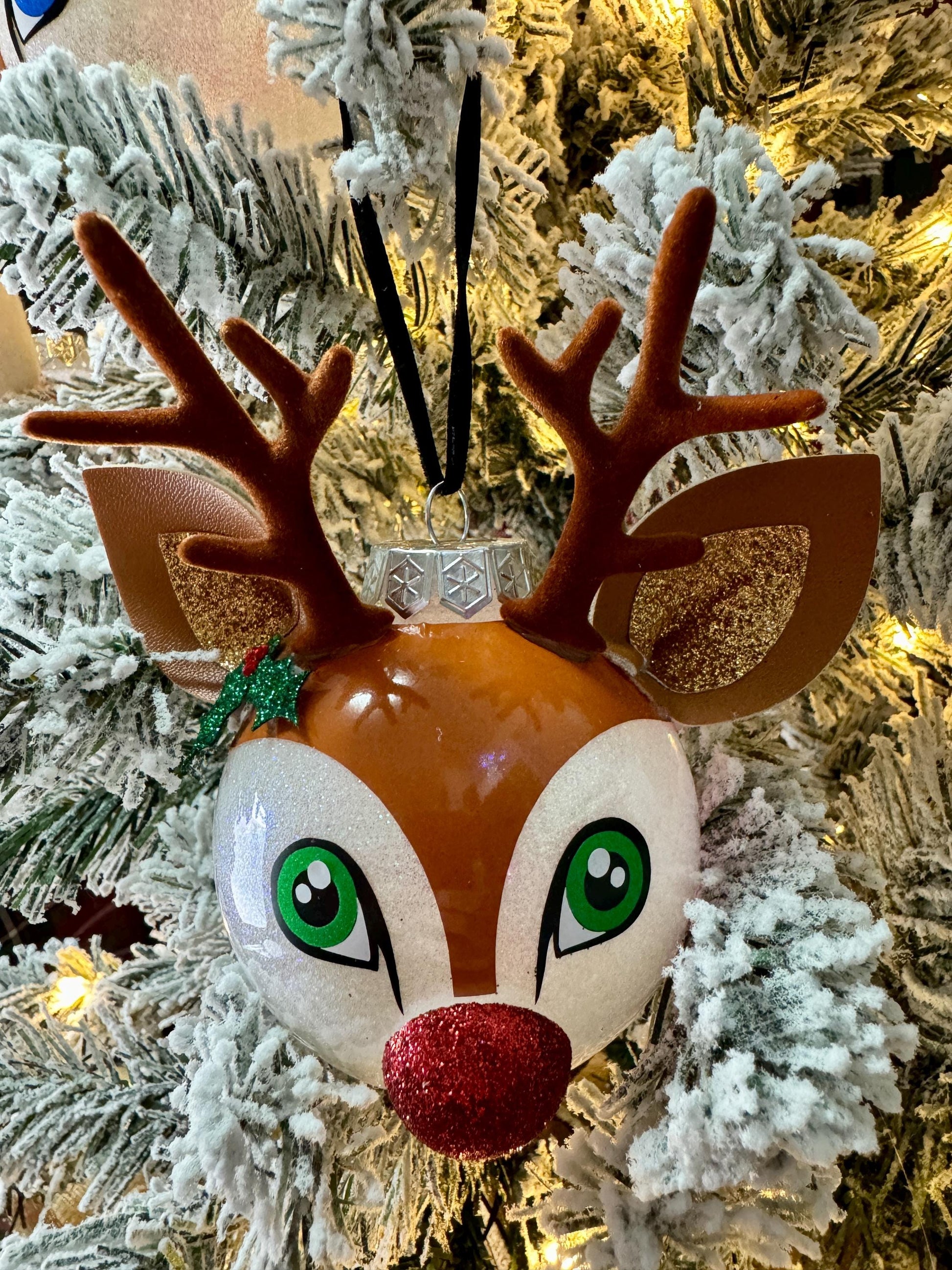 Kawaii Reindeer Christmas Ornament: Glitter Shatterproof Ornament with Felt Details