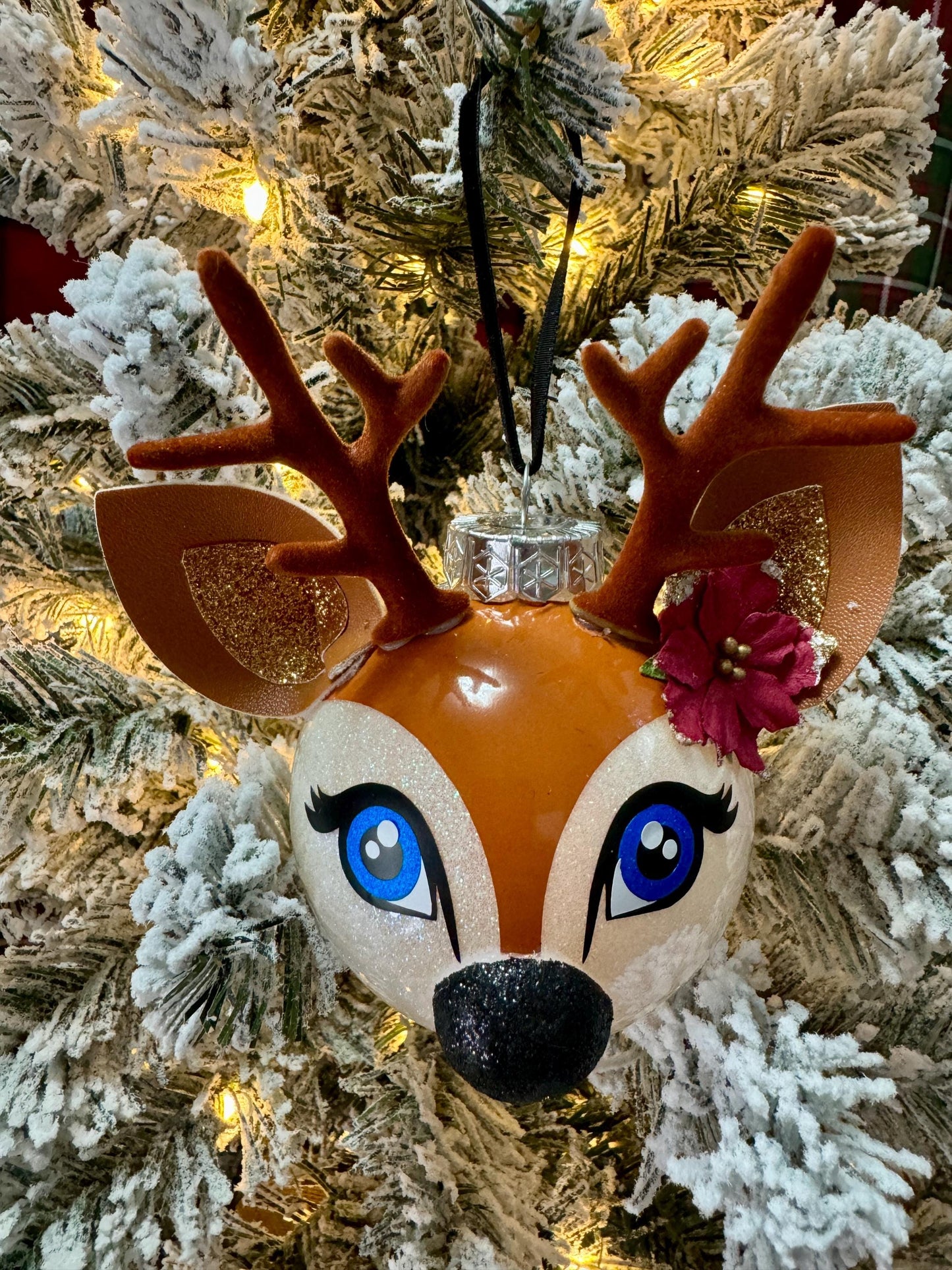 Kawaii Reindeer Christmas Ornament: Glitter Shatterproof Ornament with Felt Details