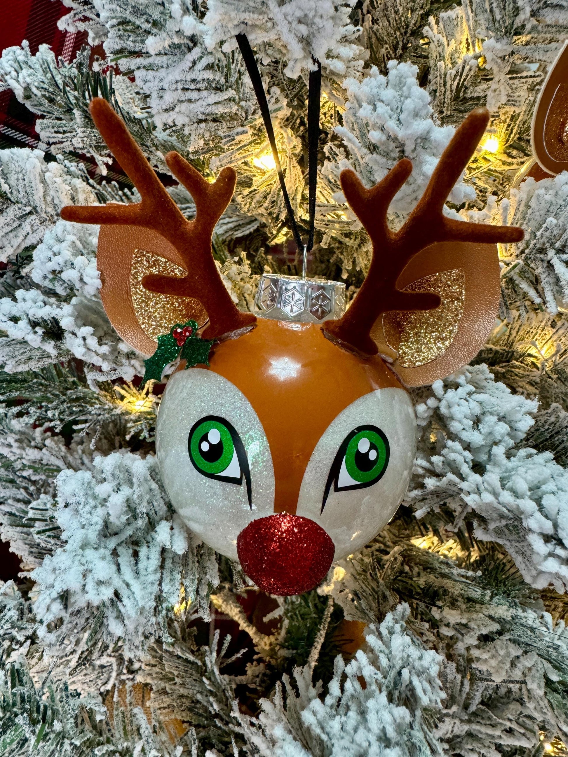 Kawaii Reindeer Christmas Ornament: Glitter Shatterproof Ornament with Felt Details