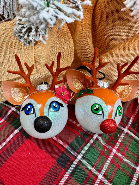 Kawaii Reindeer Christmas Ornament: Glitter Shatterproof Ornament with Felt Details