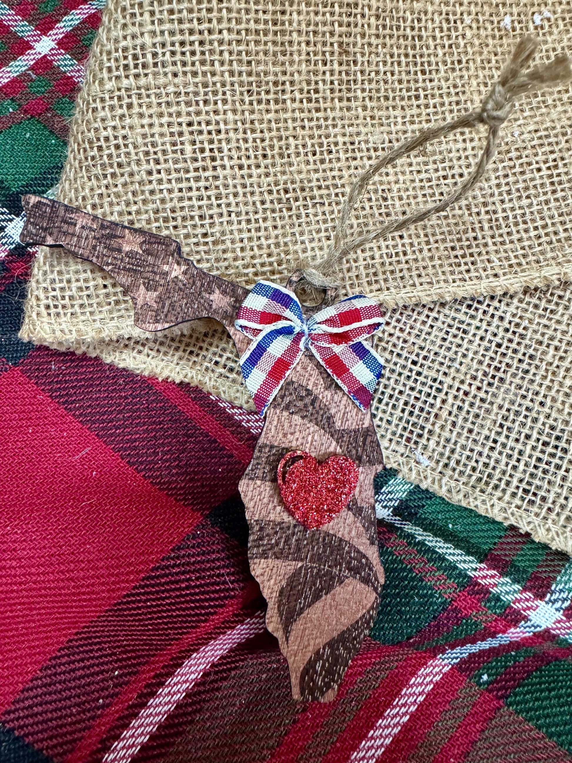 Custom State Ornament: Engraved American Flag, Red Glitter Heart