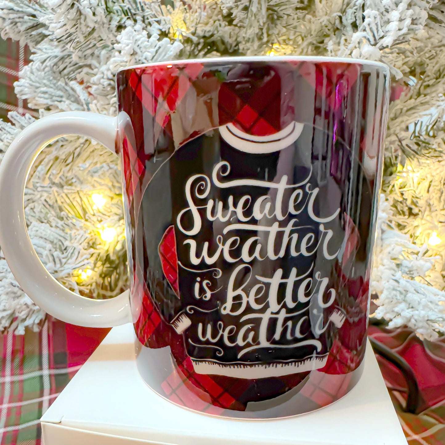 Sweater Weather Mug: Red Plaid Holiday Design