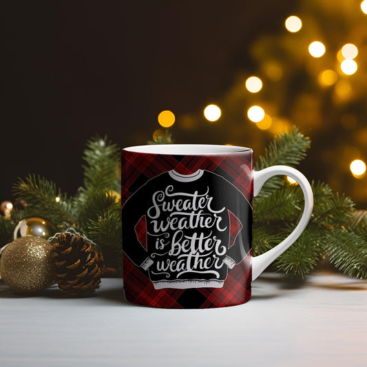 Sweater Weather Mug: Red Plaid Holiday Design