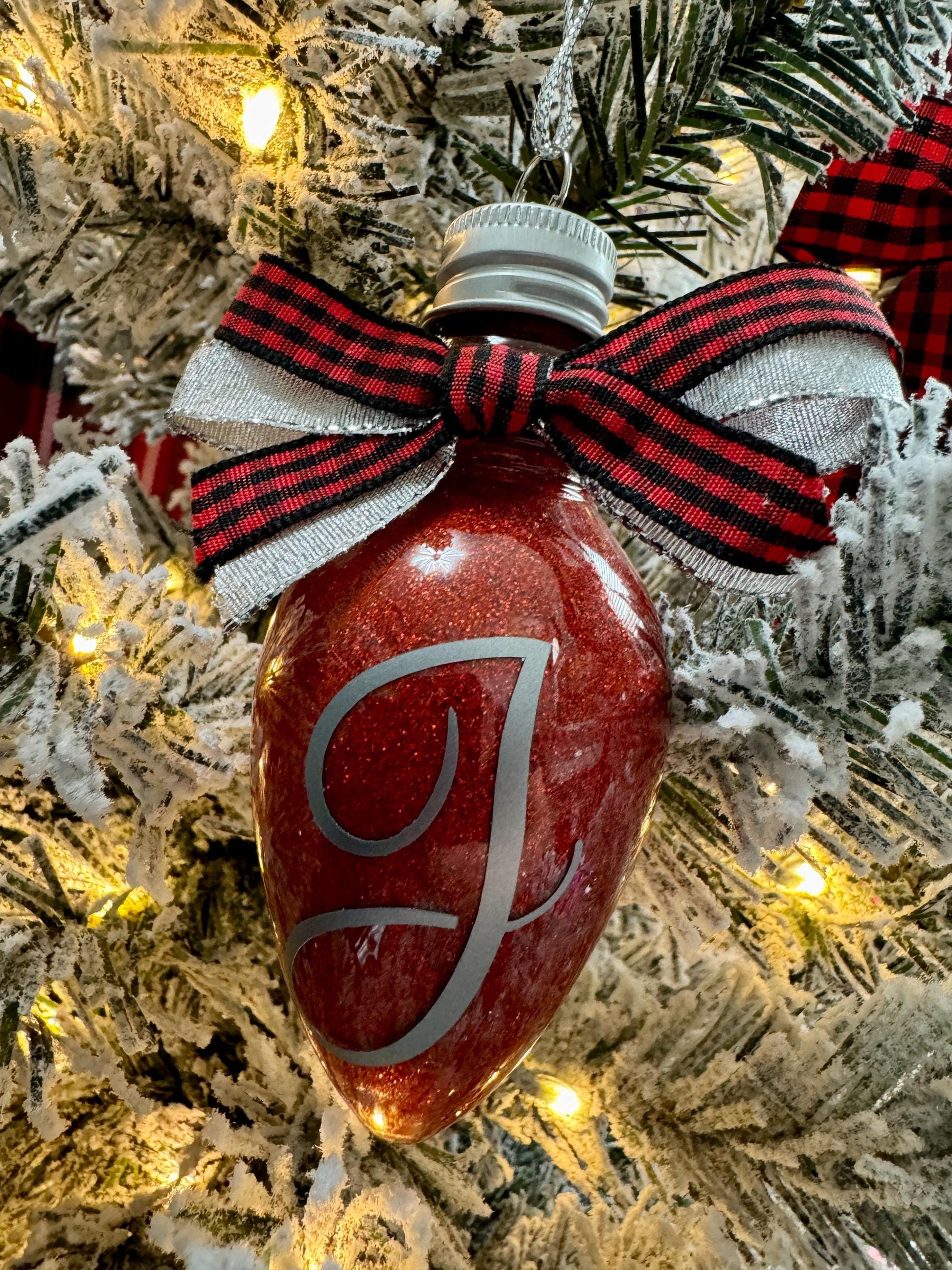 Personalized Glitter Christmas Light Bulb Ornament: Custom Monogram, Red Ribbon