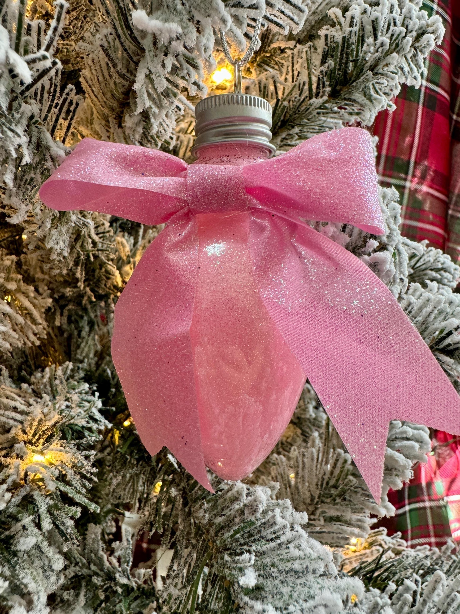 Personalized Glitter Christmas Light Bulb Ornament: Custom Monogram, Red Ribbon