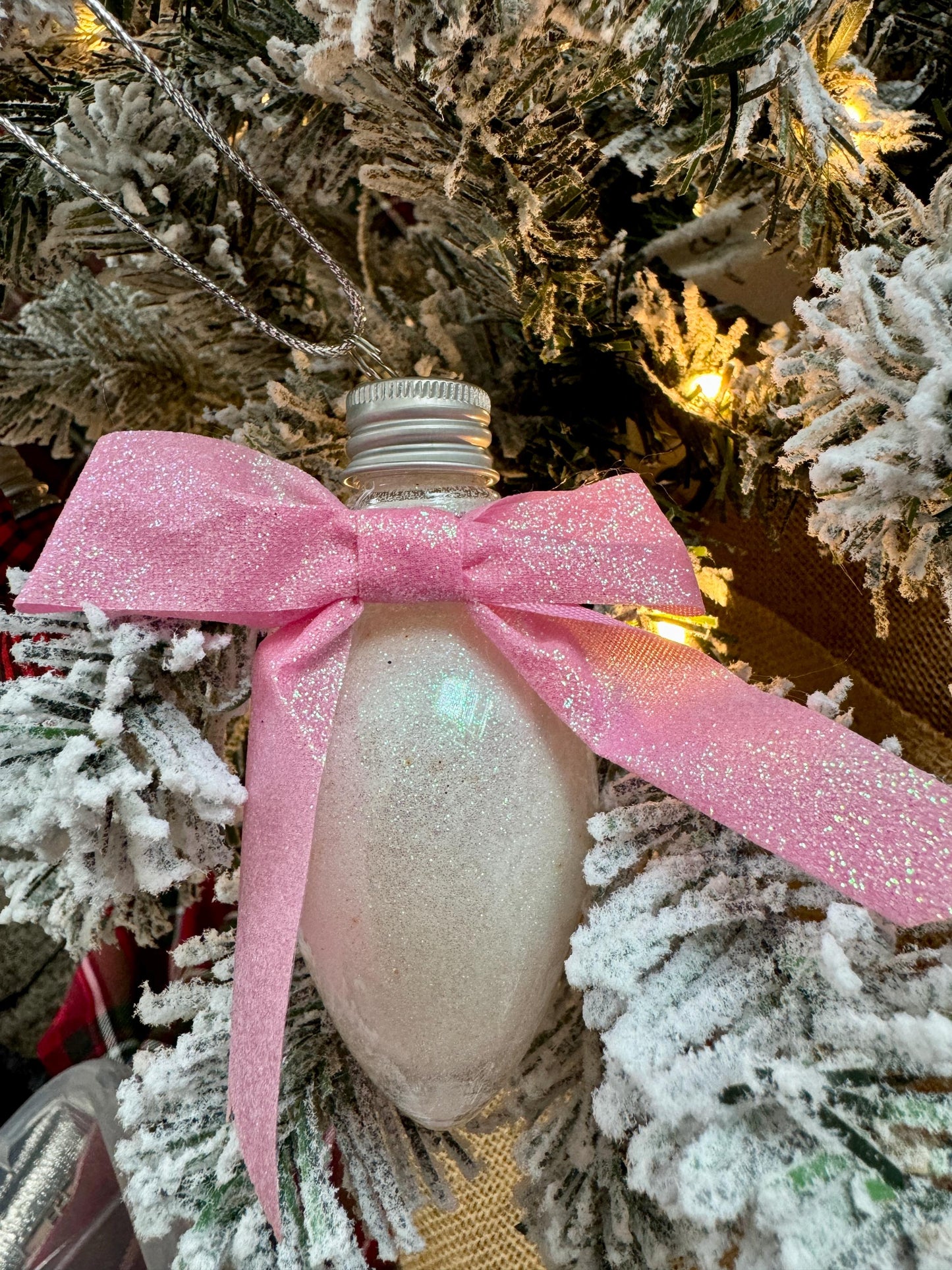 Personalized Glitter Christmas Light Bulb Ornament: Custom Monogram, Red Ribbon