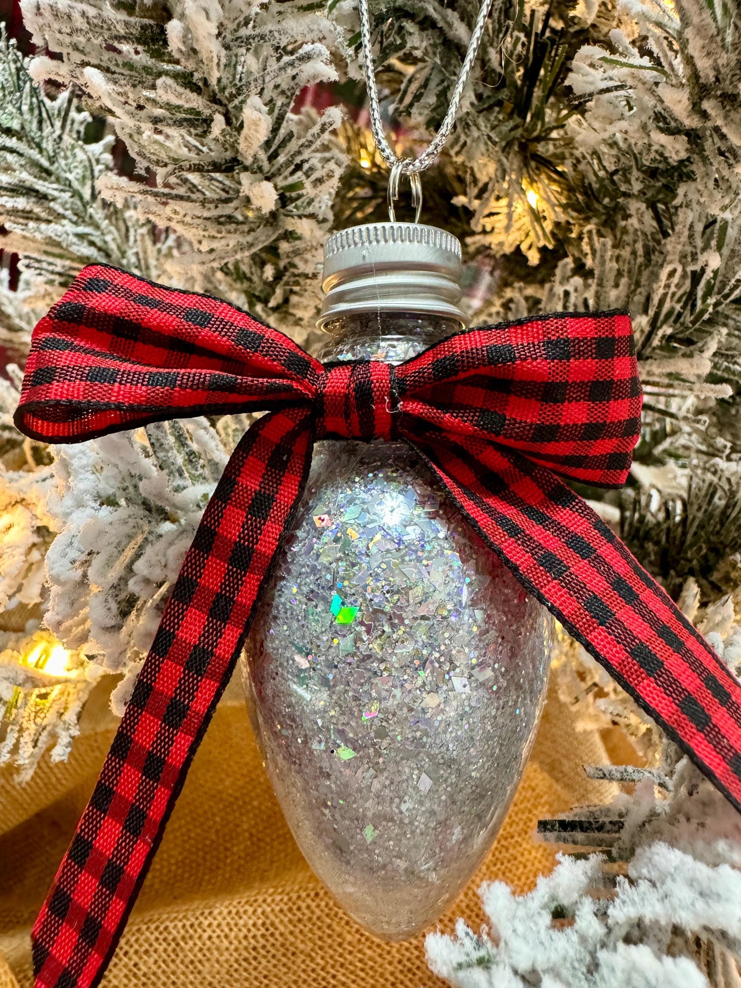 Personalized Glitter Christmas Light Bulb Ornament: Custom Monogram, Red Ribbon
