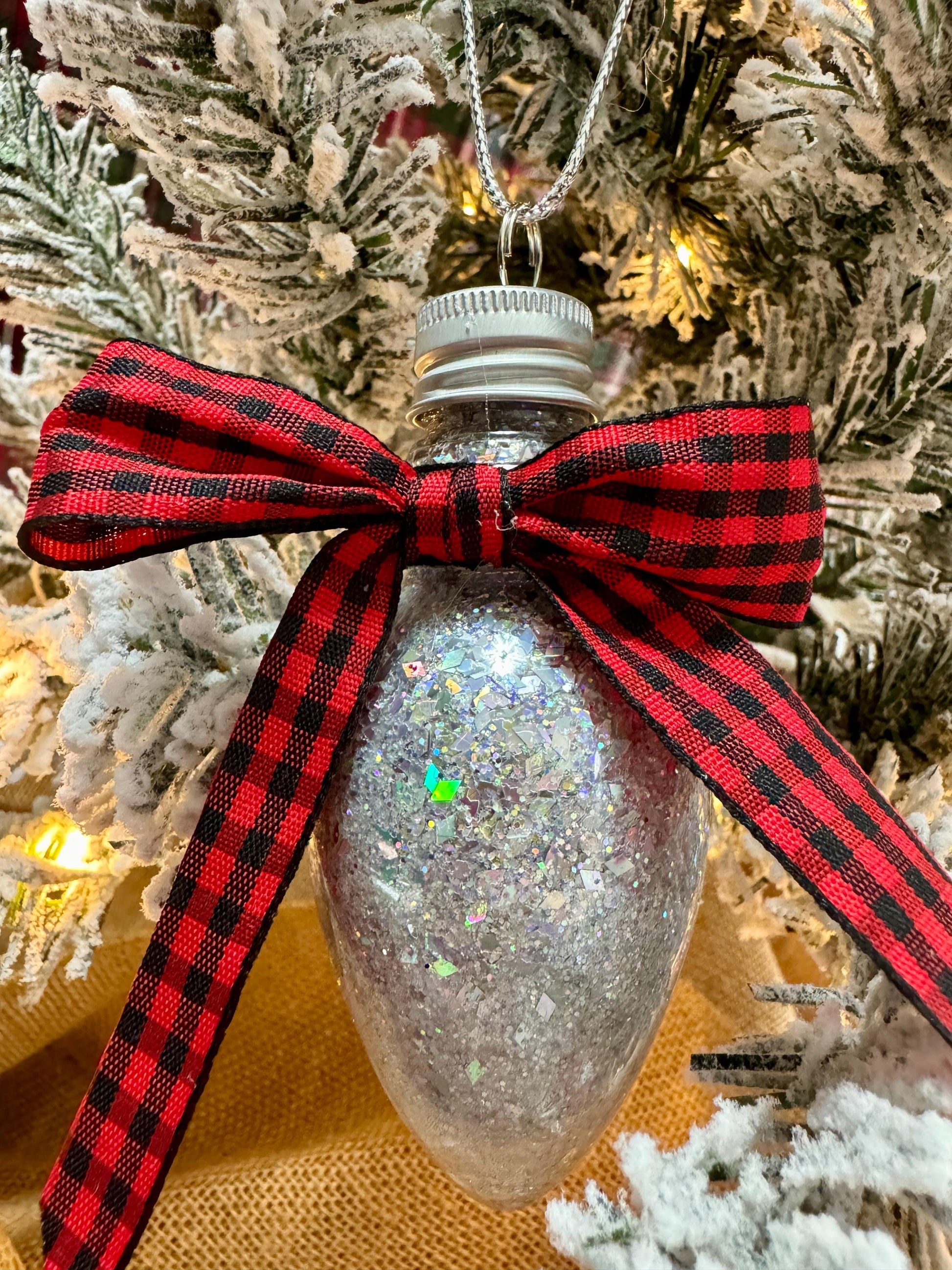 Personalized Glitter Christmas Light Bulb Ornament: Custom Monogram, Red Ribbon