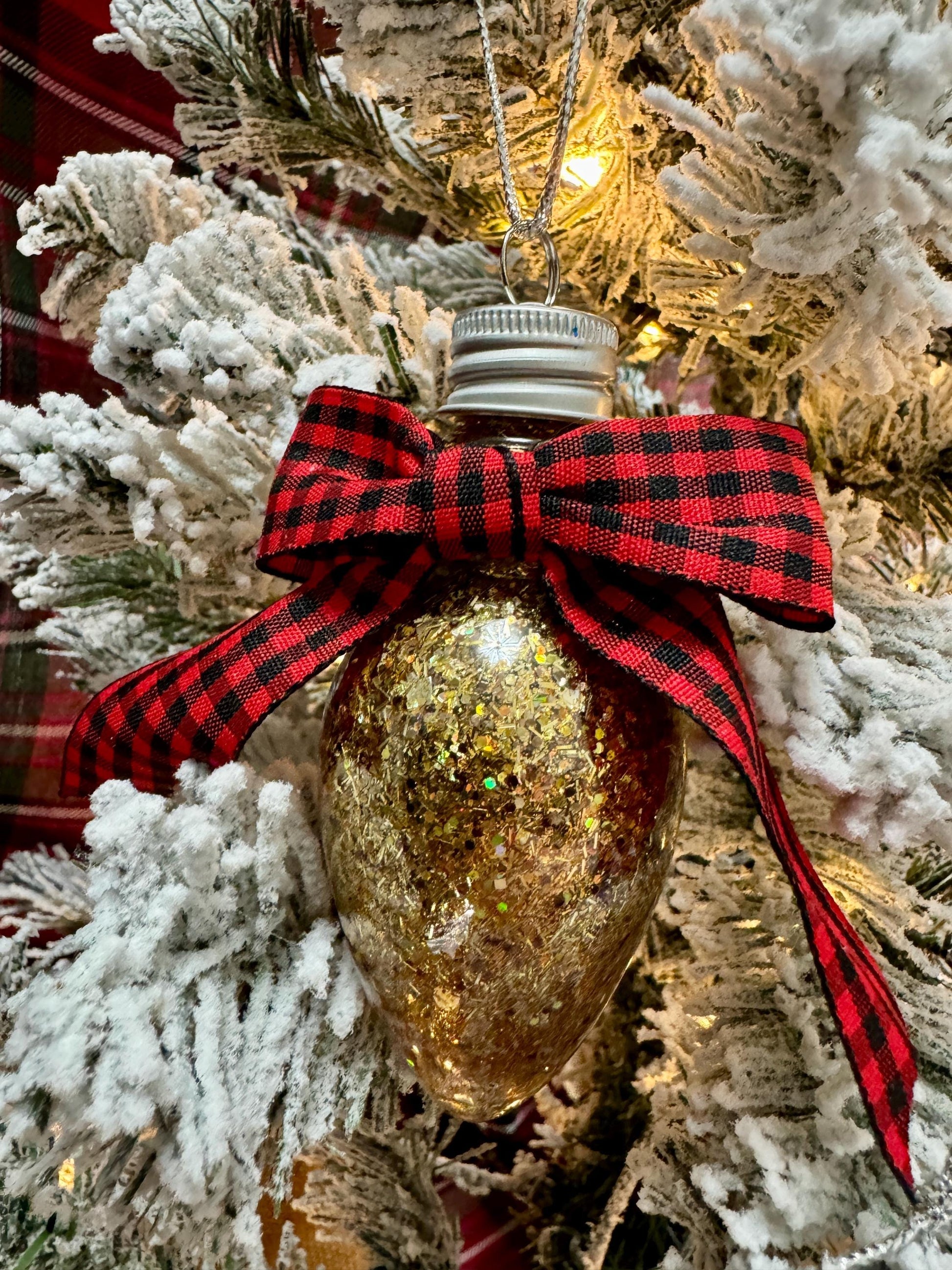 Personalized Glitter Christmas Light Bulb Ornament: Custom Monogram, Red Ribbon