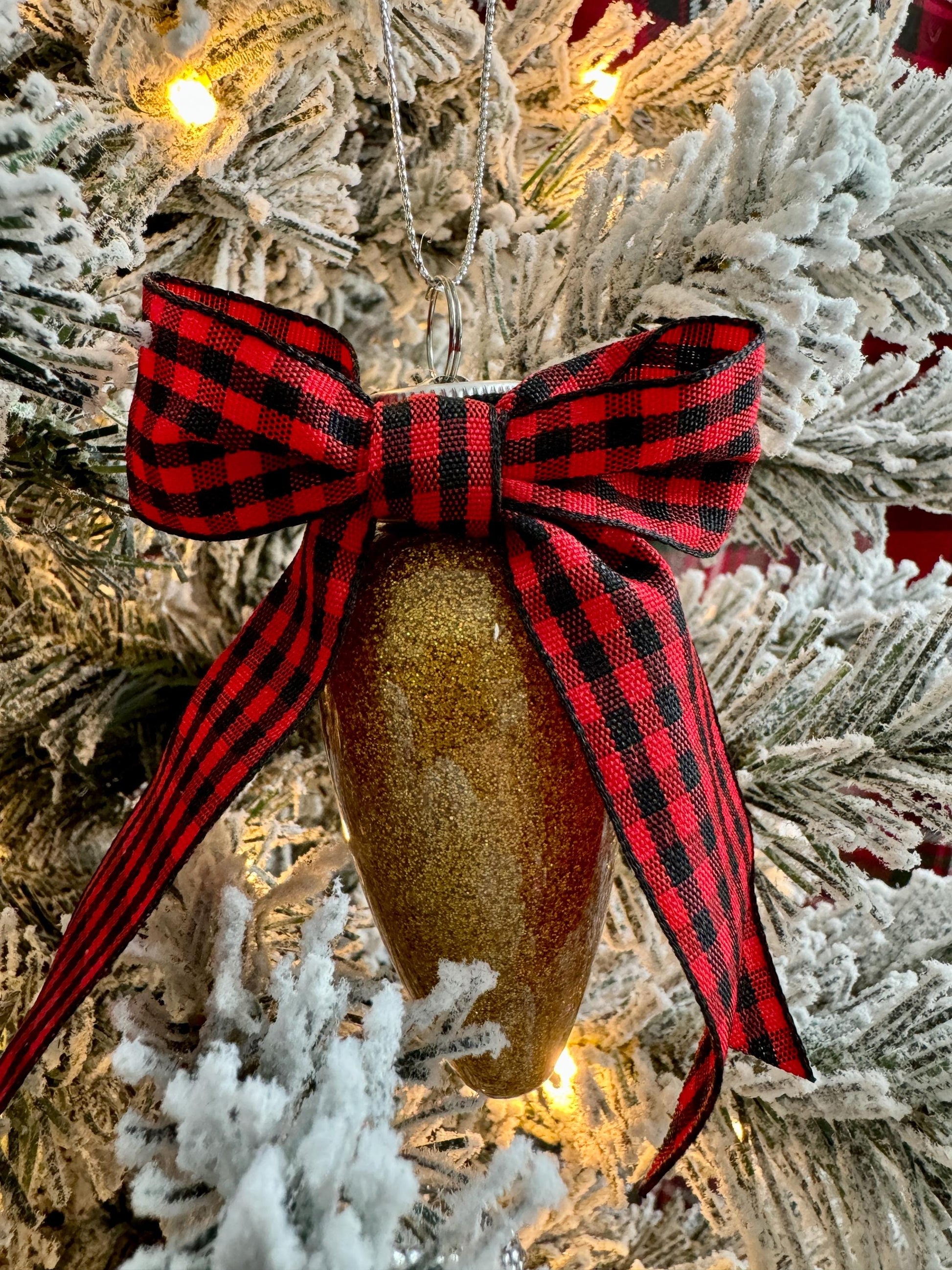 Personalized Glitter Christmas Light Bulb Ornament: Custom Monogram, Red Ribbon