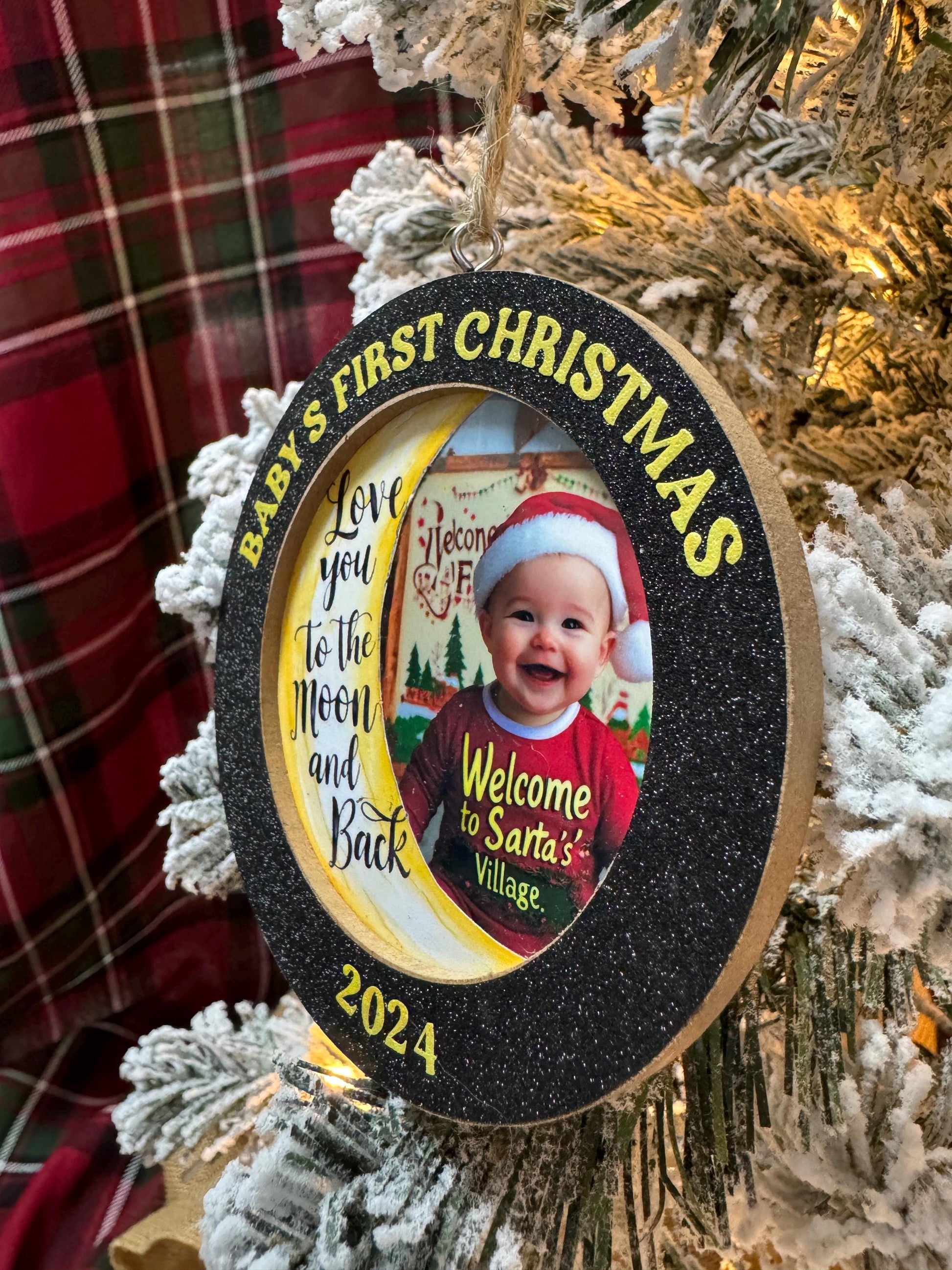 Handcrafted Baby’s First Christmas Ornament – Photo Frame with Glitter Black Frame & Moon Graphic