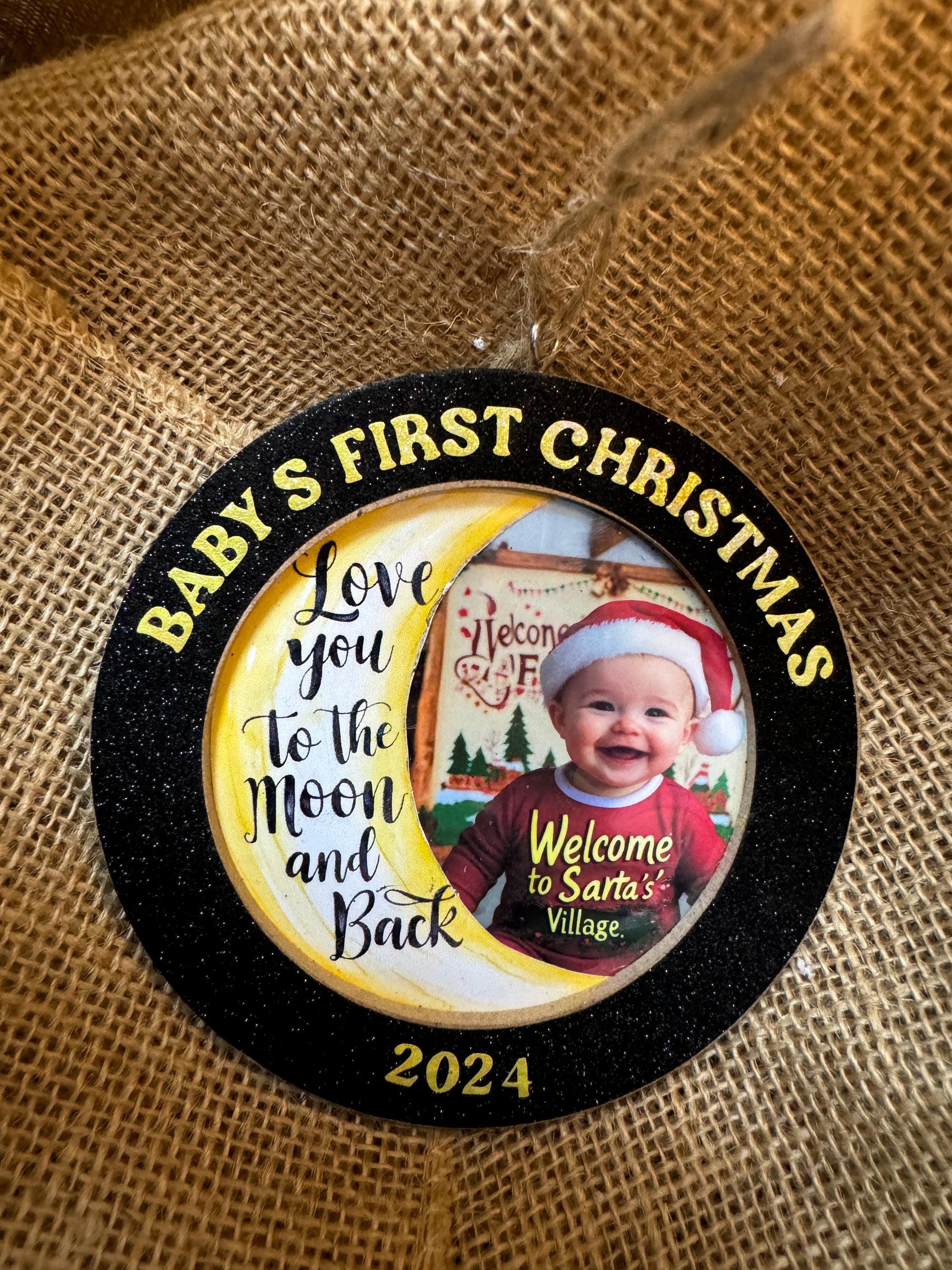 Handcrafted Baby’s First Christmas Ornament – Photo Frame with Glitter Black Frame & Moon Graphic