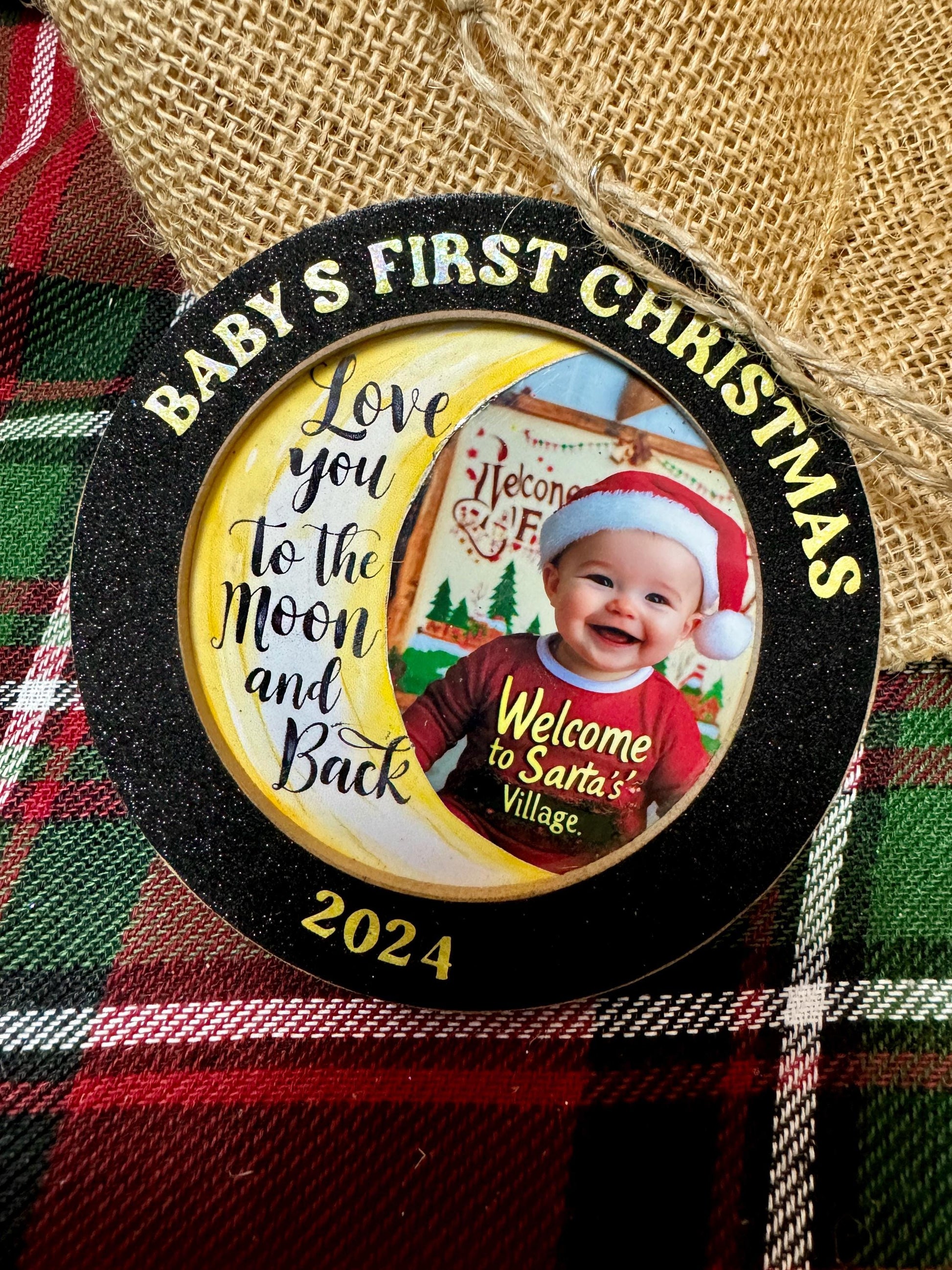 Handcrafted Baby’s First Christmas Ornament – Photo Frame with Glitter Black Frame & Moon Graphic