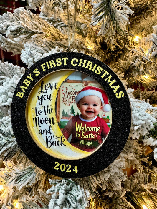 Handcrafted Baby’s First Christmas Ornament – Photo Frame with Glitter Black Frame & Moon Graphic